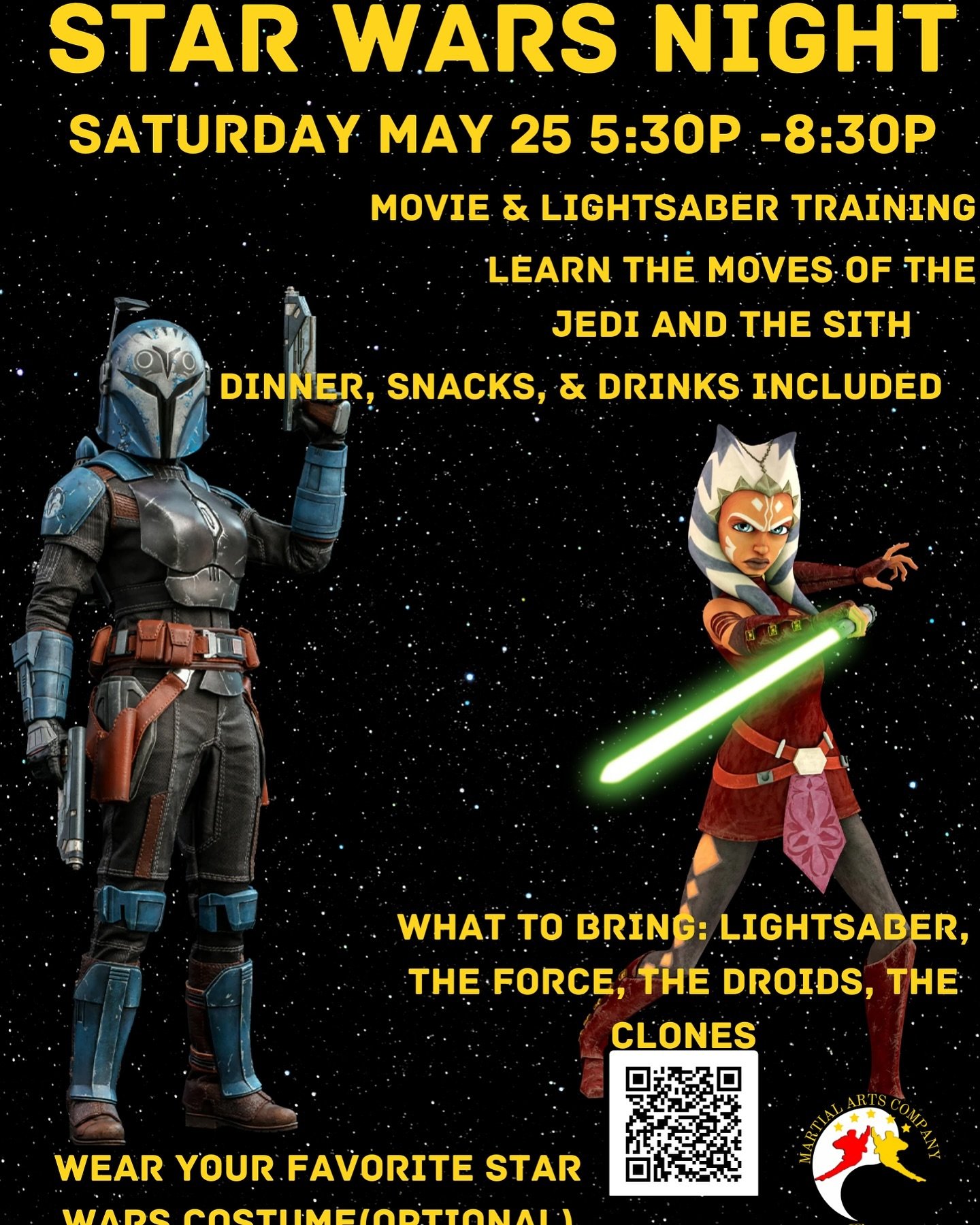 IT&rsquo;S STAR WARS DAY! MAY THE FOURTH BE WITH YOU!

As it&rsquo;s May, we&rsquo;re having another Star Wars Night. SATURDAY MAY 25th 5:30p - 8:30pWe&rsquo;ll watch some Star Wars and Learn how to use lightsabers, really bring one! If you wanna get