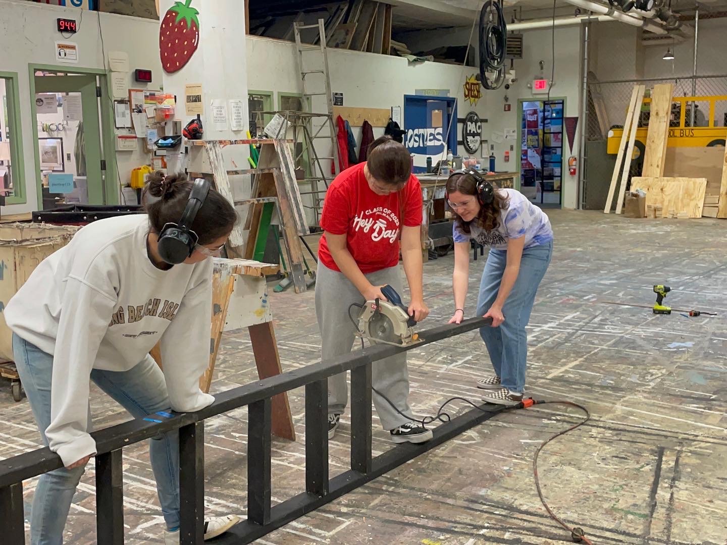 Members of the Penn Glee Club Tech Crew building the set for the Club's 2023 Spring Show in the PAC Shop.