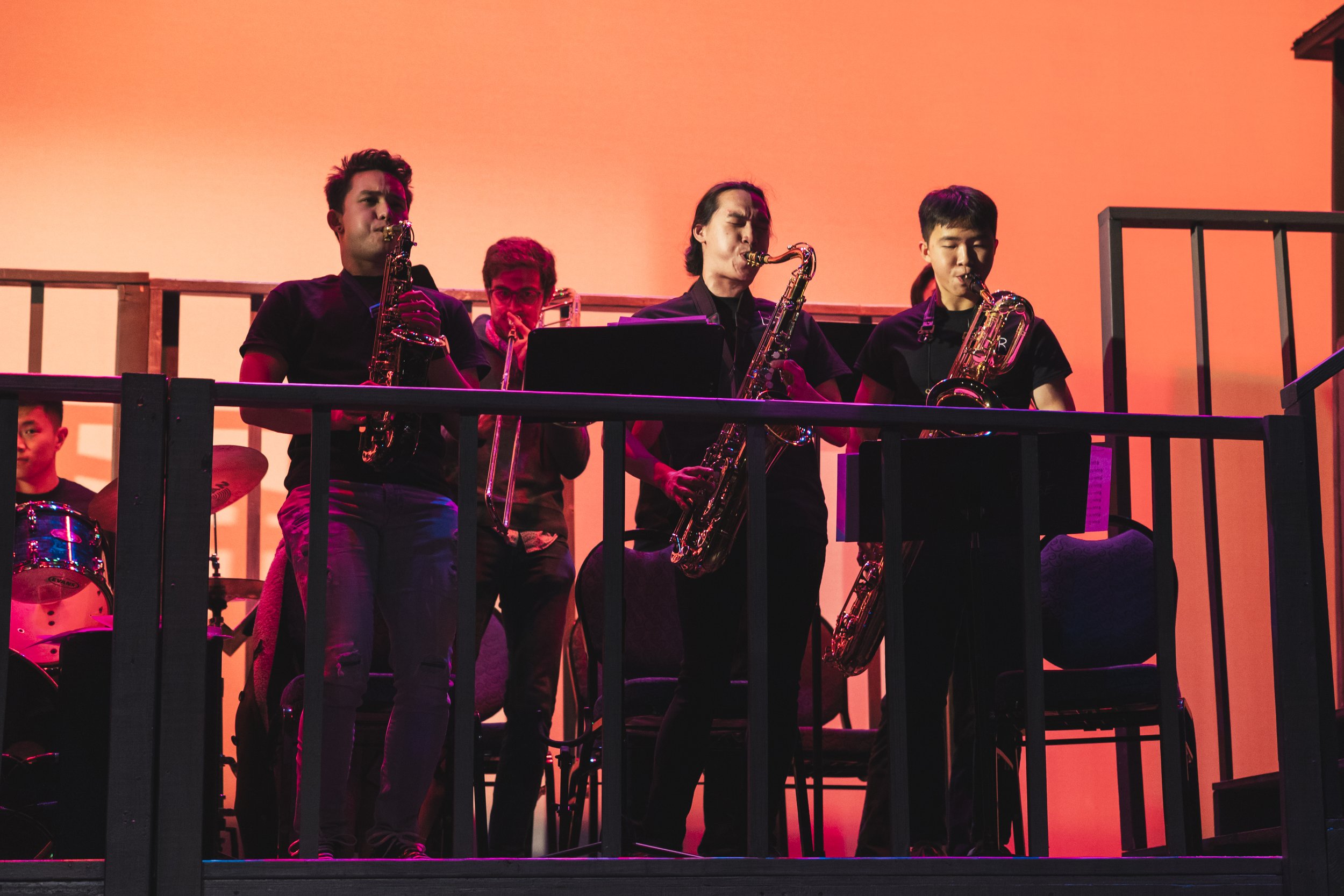 The Penn Glee Club Band's horn section performing in the Club's 2023 Spring Show.