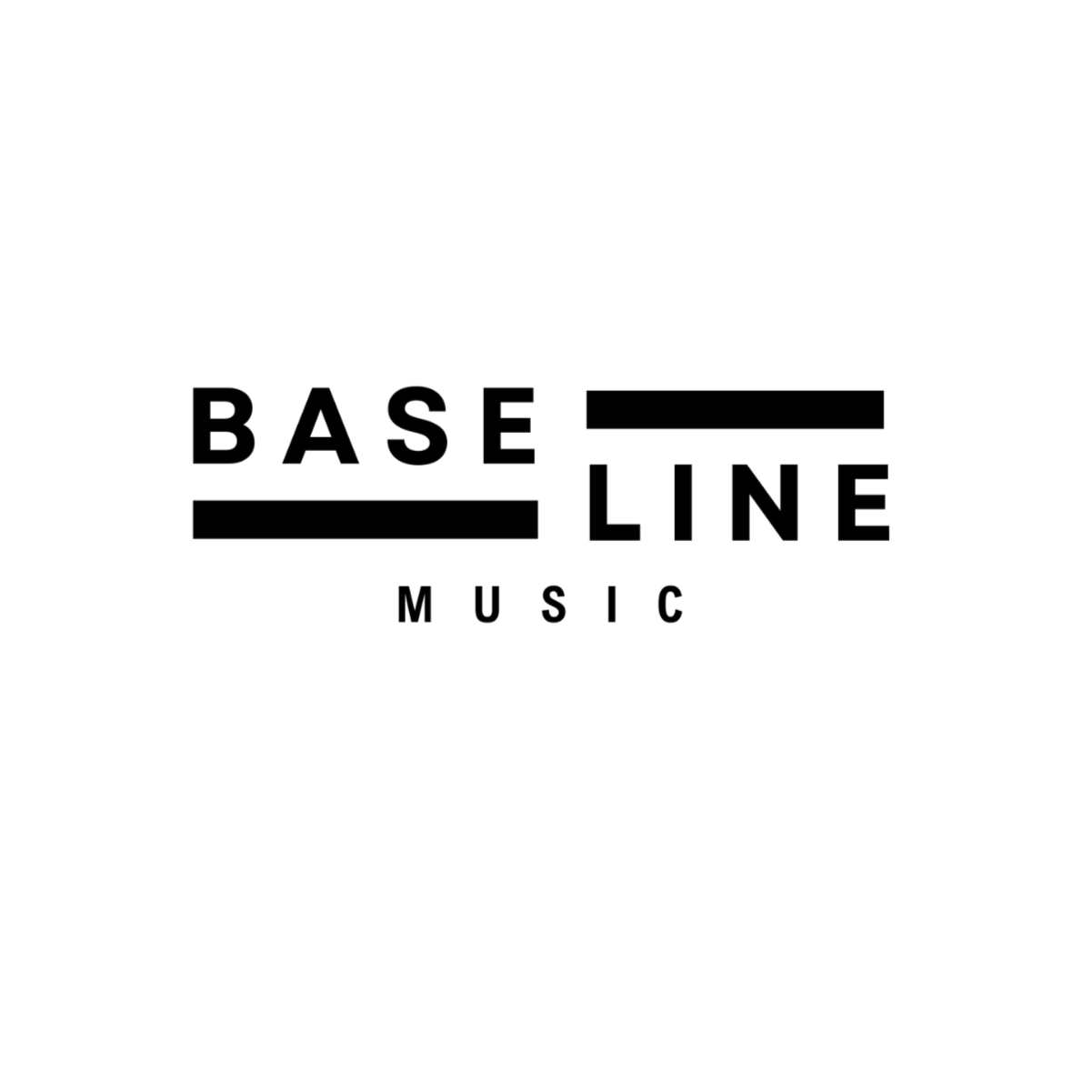 Black and white logo with the words "BASELINE MUSIC" and stylized lines underlining "BASE" and "LINE".