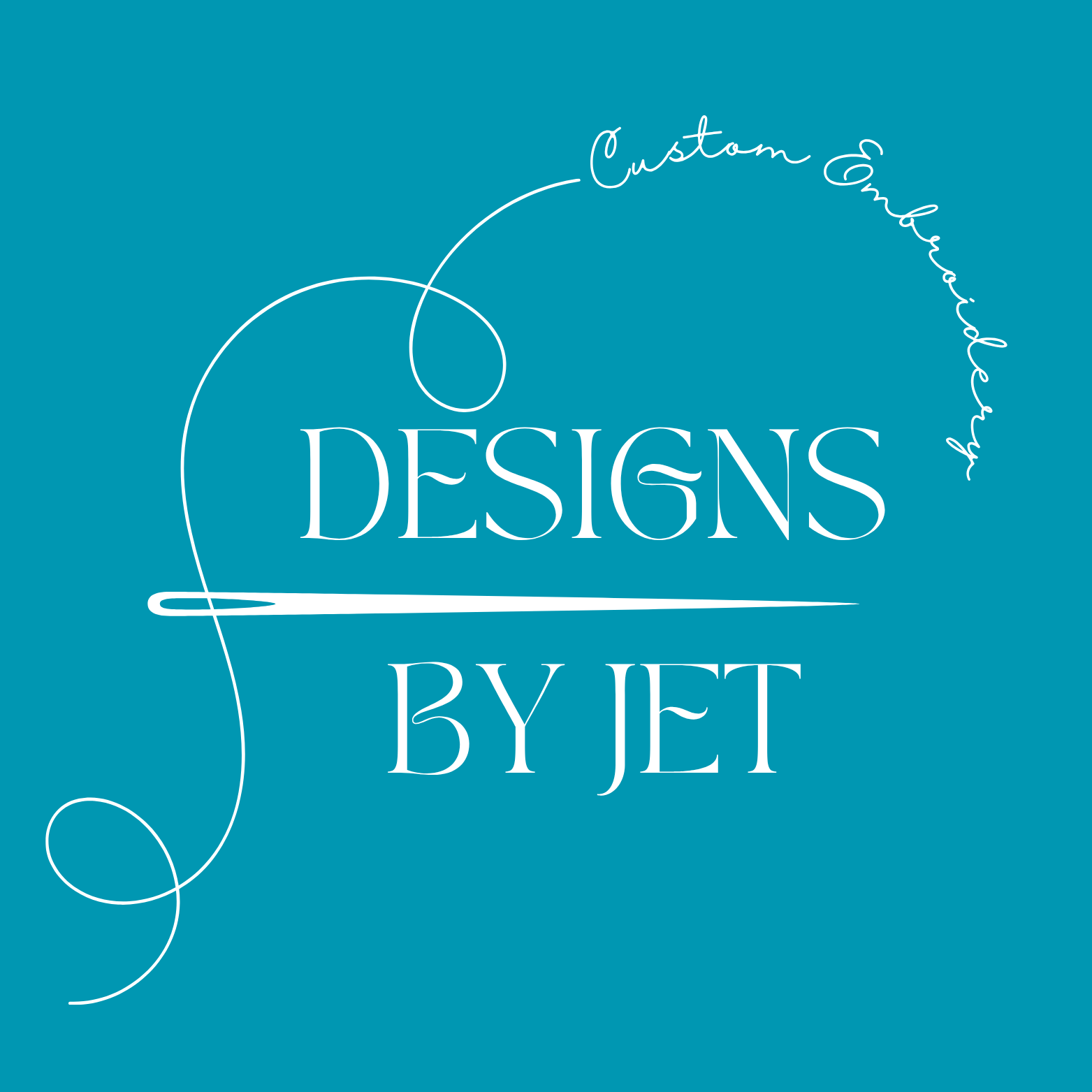 Teal background with white text reading "Custom Embellishments Designs by Jet" in stylized font, with decorative swirling line elements.