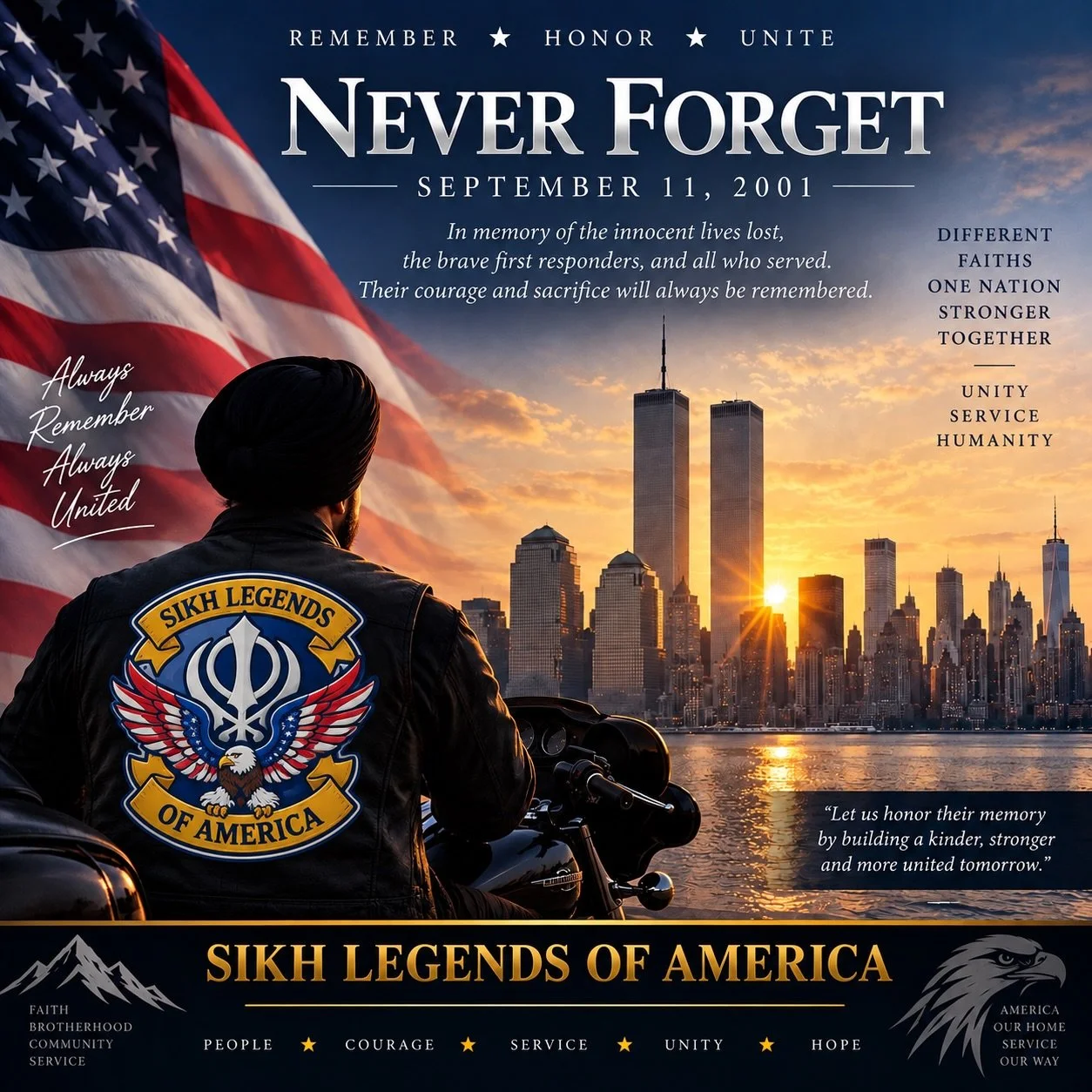 🇺🇸 We Remember. We Honor. We Will Never Forget.
September 11, 2001 🙏🏽
&mdash; Sikh Legends of America. #NeverForget #911Remembrance #UnitedWeStand #SikhLegendsOfAmerica #SikhAmericans
