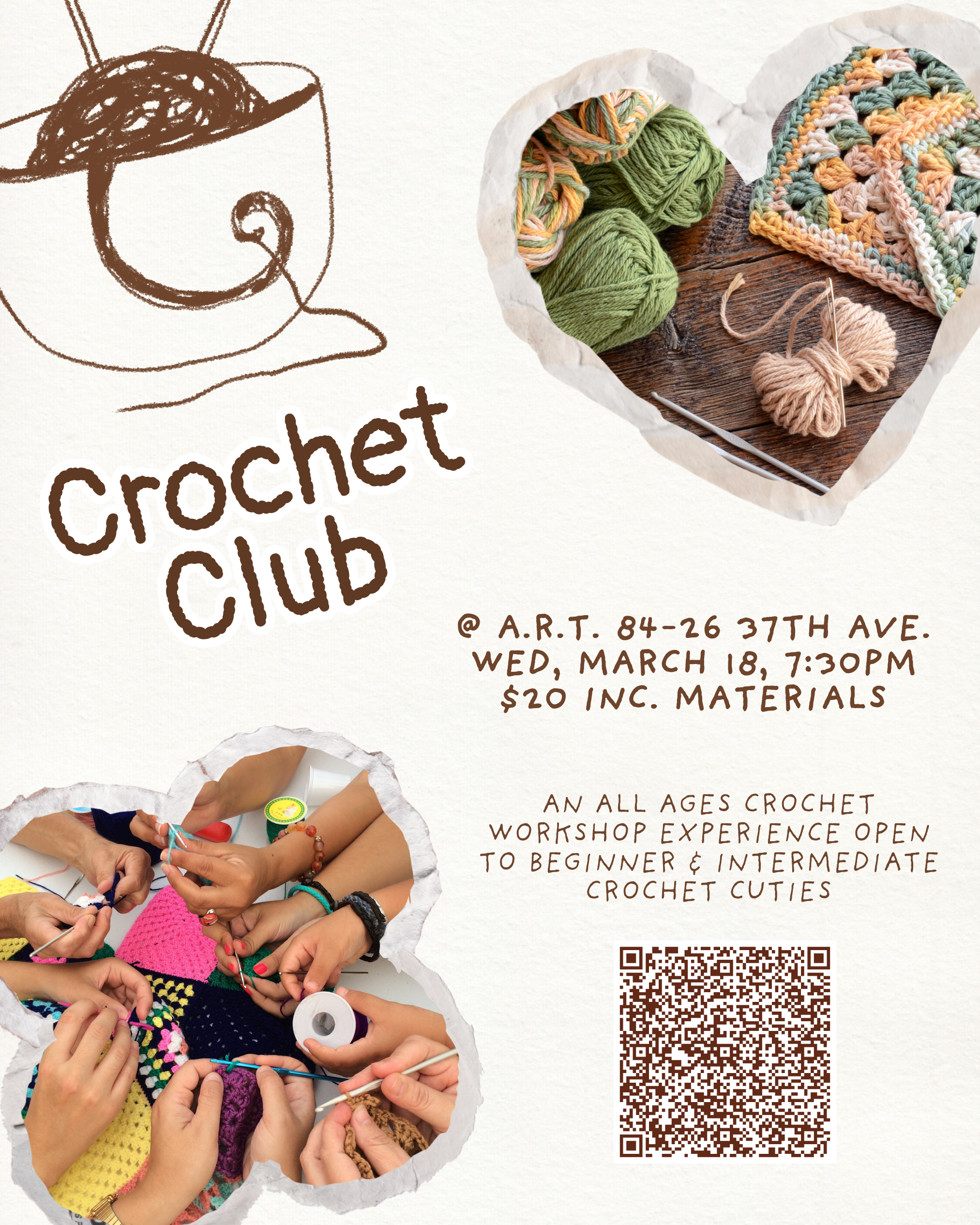 ART Crochet Club! Beginner to Intermediate Friendly Workshop (7+)