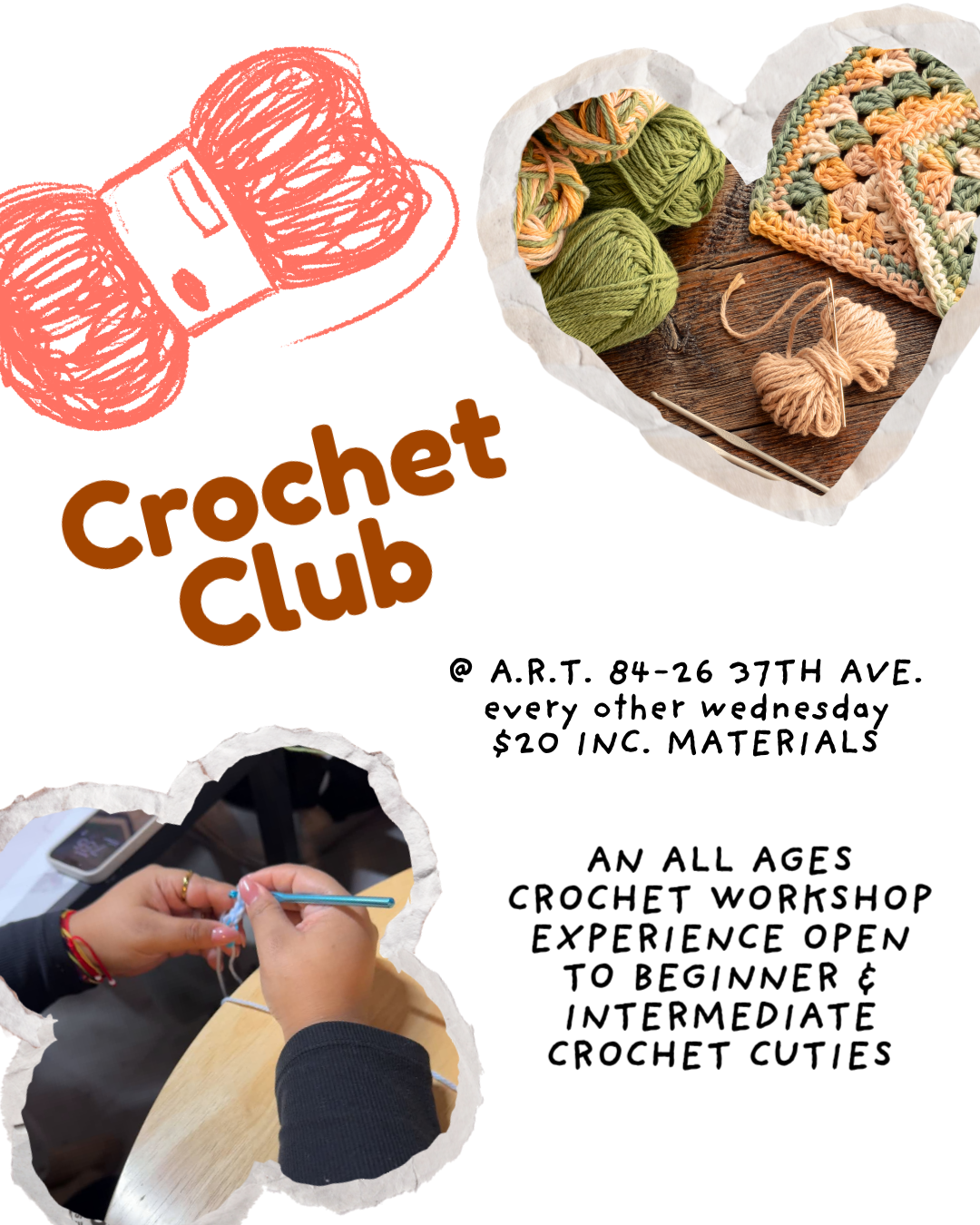 ART Crochet Club! Beginner to Intermediate Friendly Workshop (7+)