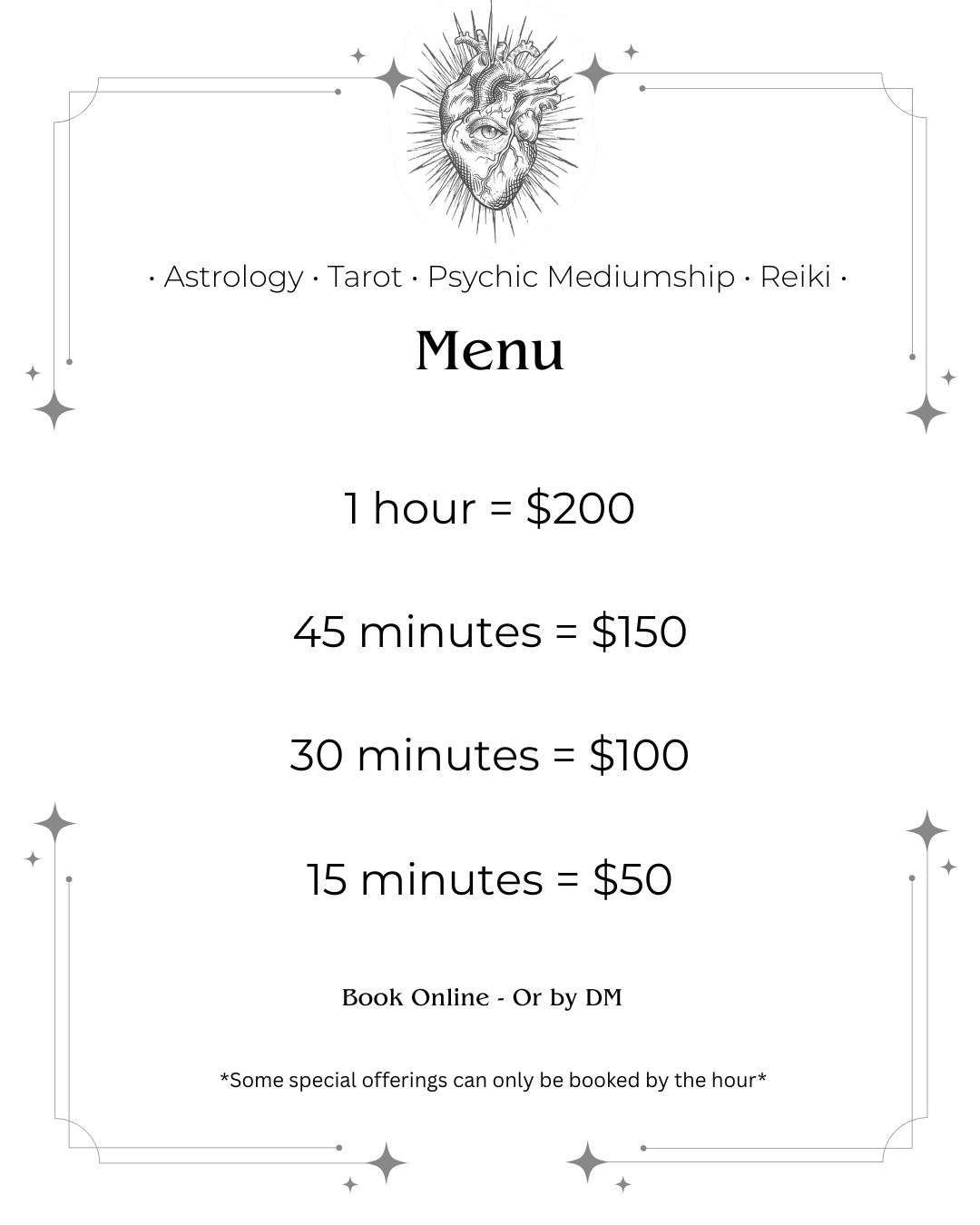 A menu for spiritual services such as astrology, tarot, psychic mediumship, and Reiki, featuring a detailed drawing of a heart with an eye and rays emanating from it at the top, and decorative stars and borders.