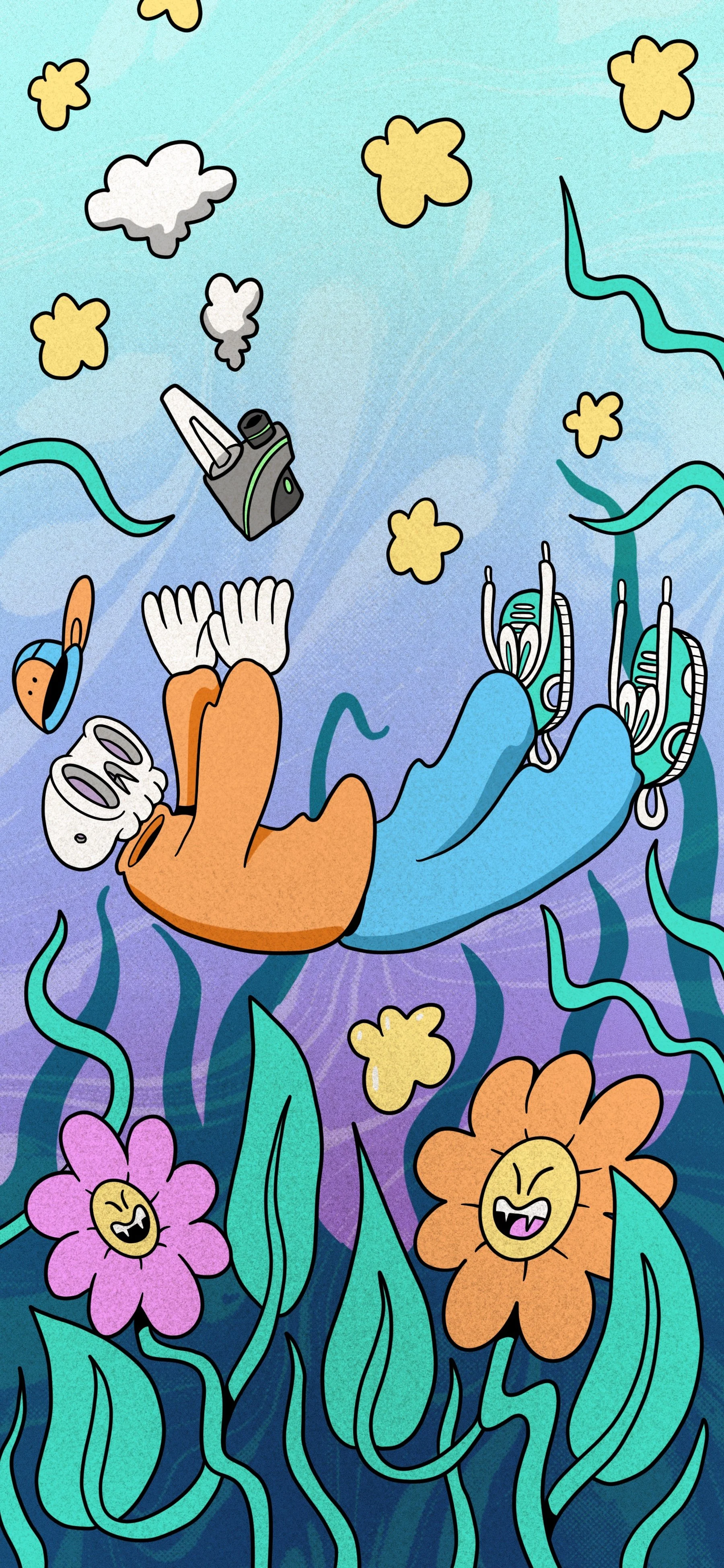 Cartoon skeleton wearing orange and blue, floating with flowers, leaves, and clouds in a surreal scene.