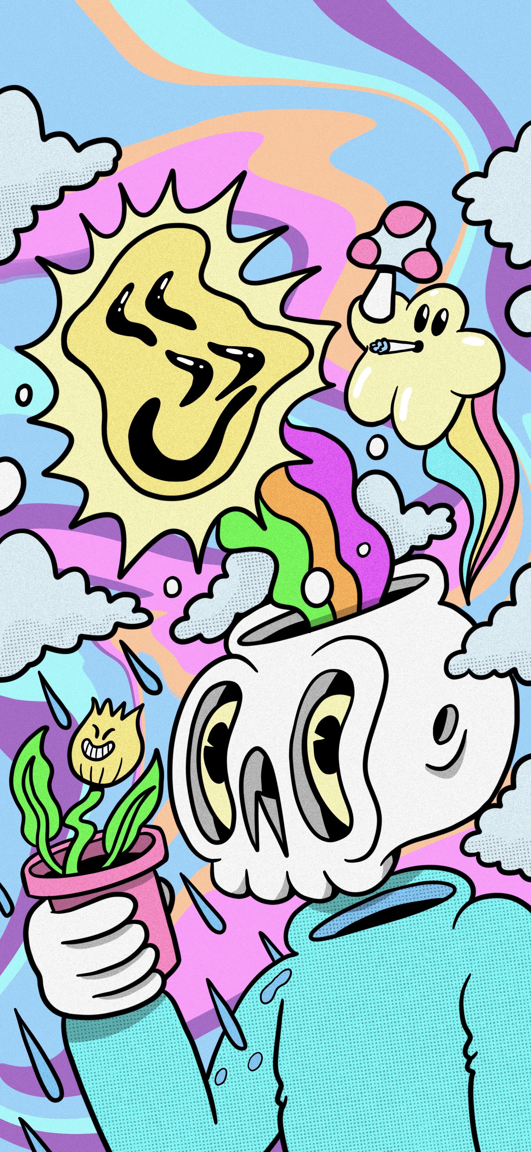 Cartoon skull with rainbow colors and plant, smiley sun, cloud with mushroom and cigarette, vibrant psychedelic art.