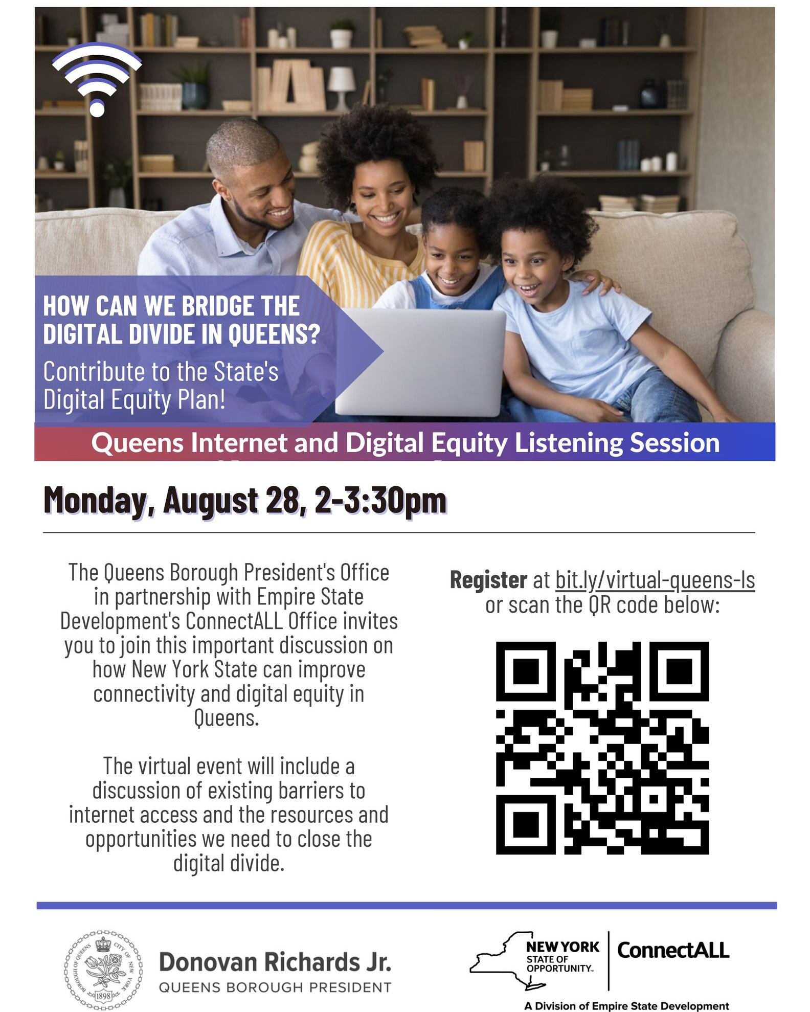 @drichardsqueens in partnership with Empire State Development - ConnectALL Office invites you to join this important discussion on how New York State can improve connectivity and digital equity in Queens.

Join on Mon, 8/28 from 2-3:30 pm.  Virtual s