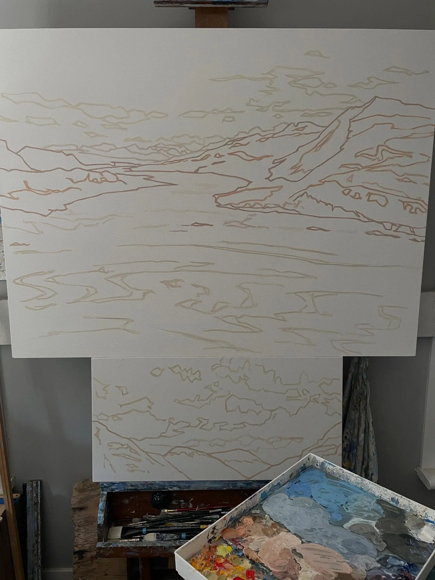 Two new landscapes underway.  Hopefully ready for the @purplehillsarts #creemoreartsfestival October 4th and 5th.  I love the early stages of a painting&hellip; especially the drawing stage, finalizing a composition and imagining an artwork that has 