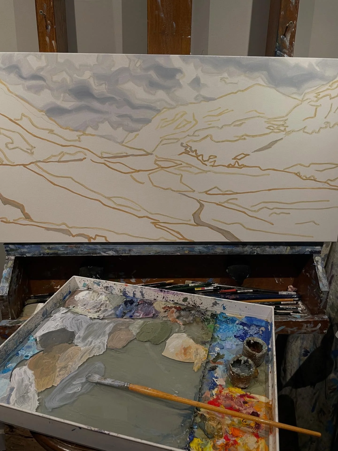 I love the early stages of a new painting.  This shot from a few days ago.  Will post the final painting in a day or two.  #latergram #artoftheday #artistsoninstagram #studioview #workinprogress #wip #oiloncanvas #newwork #studioview #ontheeasel #gle