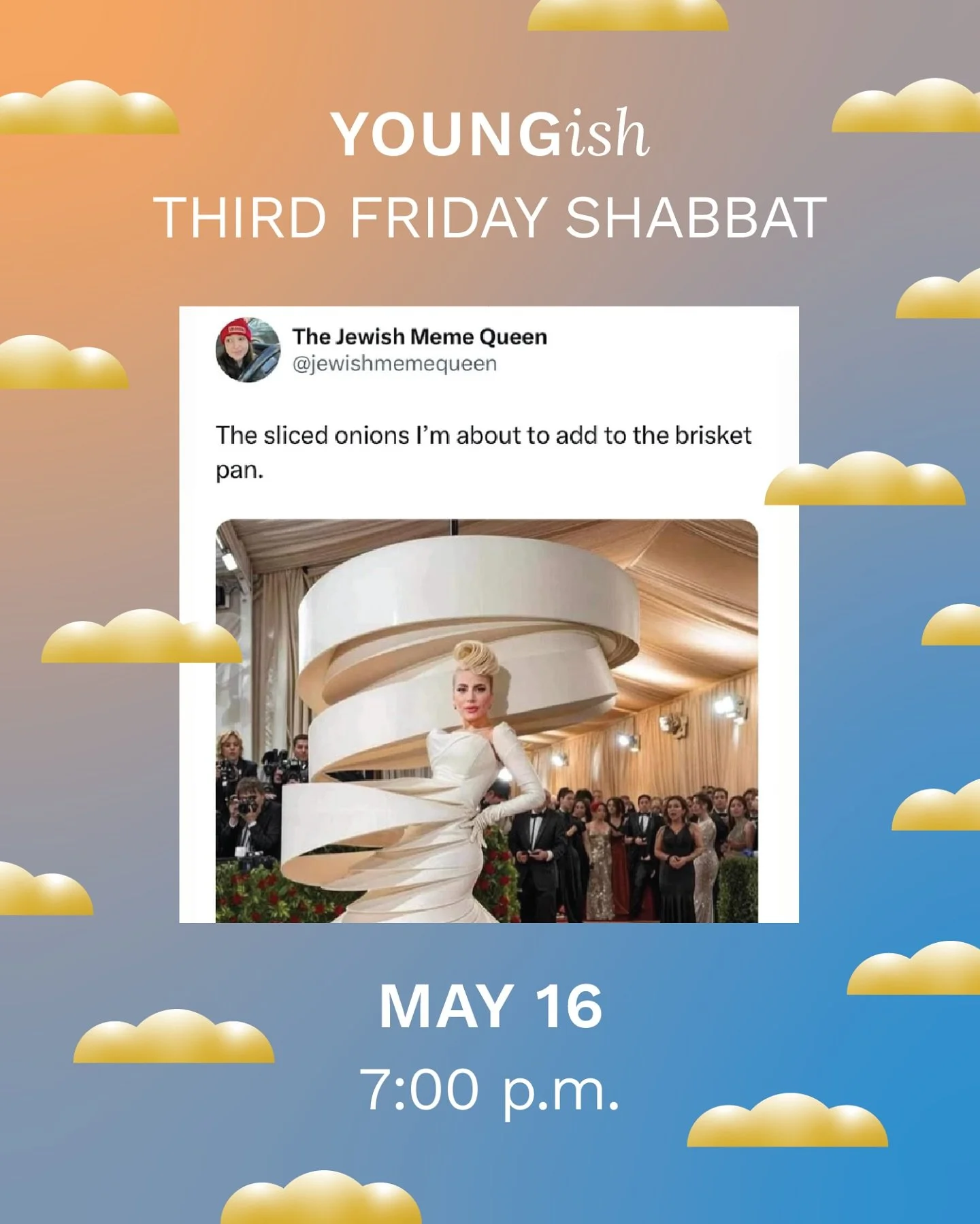 We are so back! Register at the link in bio for 5/16 Third Friday Shabbat 🧅💗💫