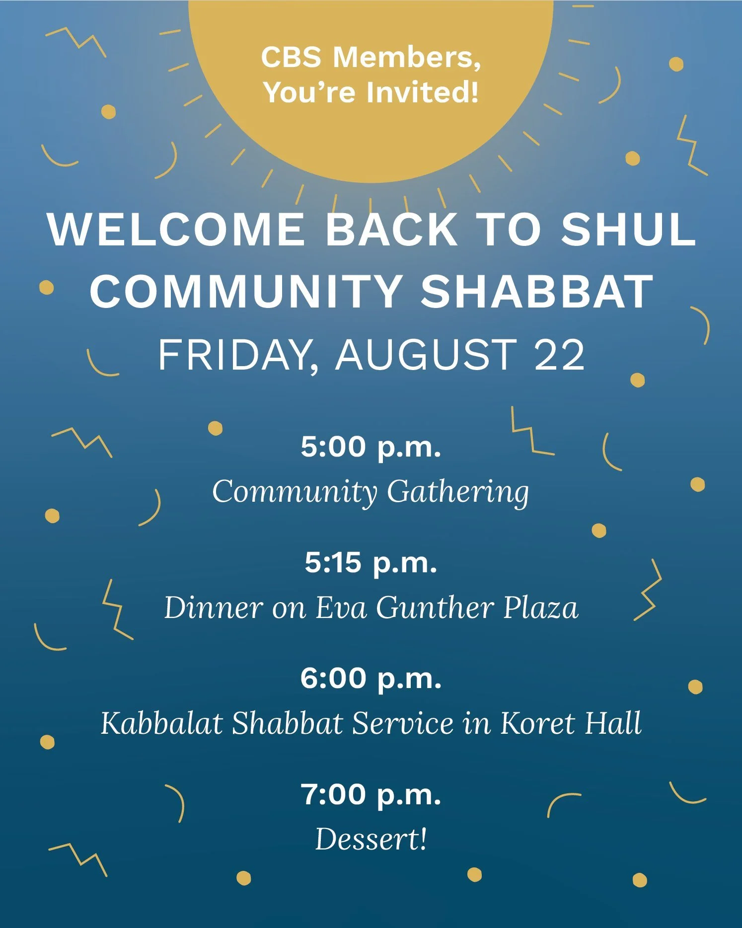 Celebrate the end of summer by reconnecting with your Beth Sholom community and ushering in Shabbat. 🌞 Dinner, song, ritual, and joy will be provided.  Please register in advance at the link in our bio so we can be sure to have enough food for all!