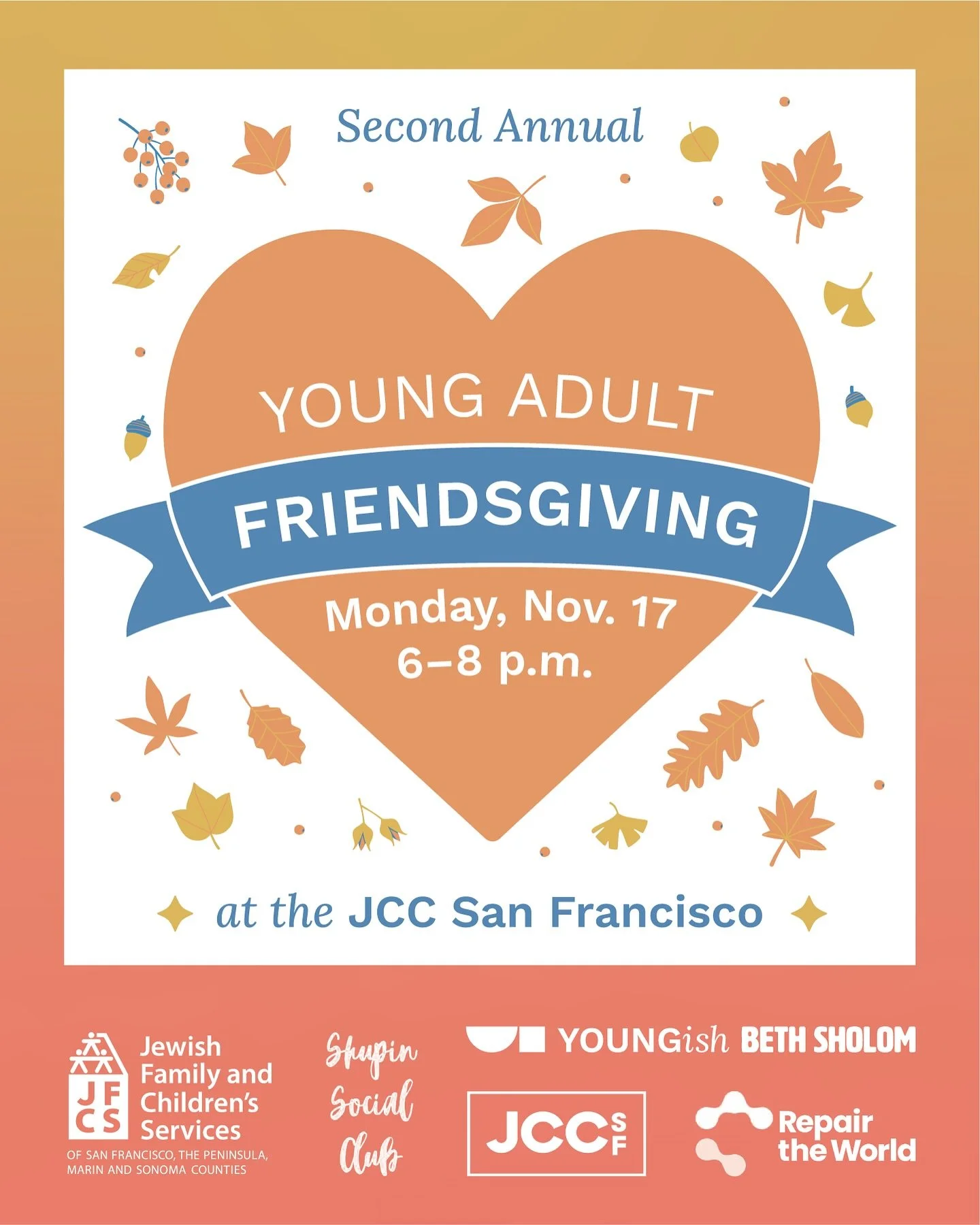 It&rsquo;s back! 🦃 We are so excited to celebrate with fellow Bay Area young adults at our second annual Thanksgiving dinner + craftivities at @jccsf with @jfcs_sanfrancisco, @shupinsocialclub, @nextgenjfcs, and @bayarea_repair. Join us on Monday, N