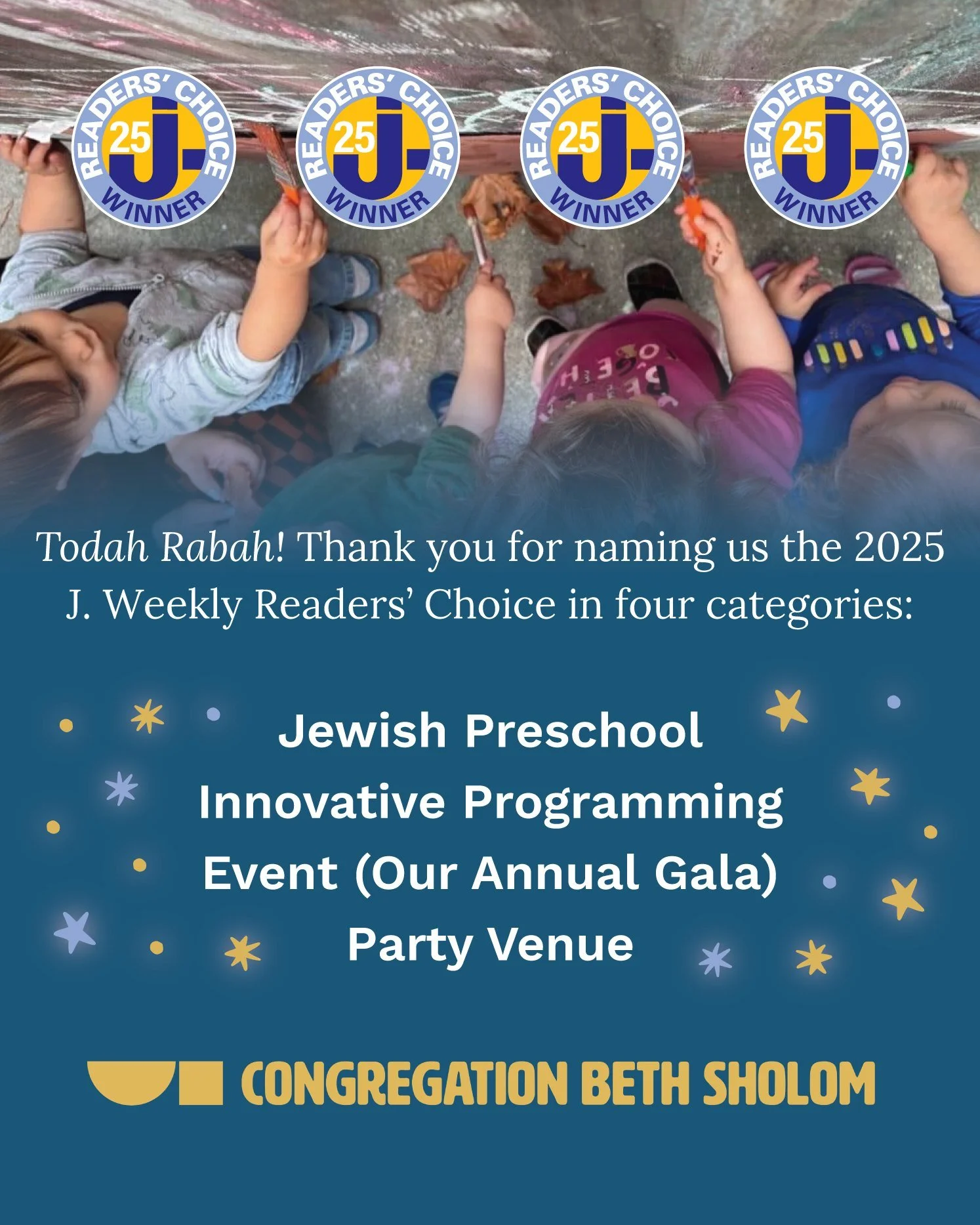 Todah Rabah for naming us your @jewishnews_sf  Readers&rsquo; Choice in four categories: Preschool, Innovating Programming, Event (Our Annual Gala), and Party Venue! Schedule a tour of our award-winning preschool at the link in our bio. 💫