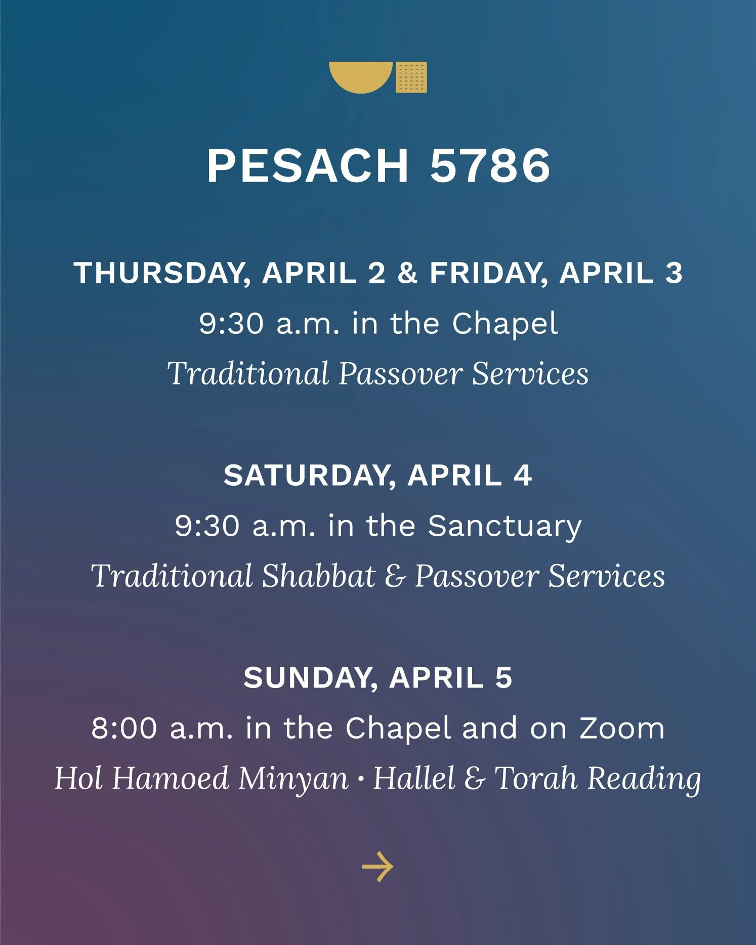 Join your Beth Sholom community for morning services every day of Passover. See you soon, and chag sameach!