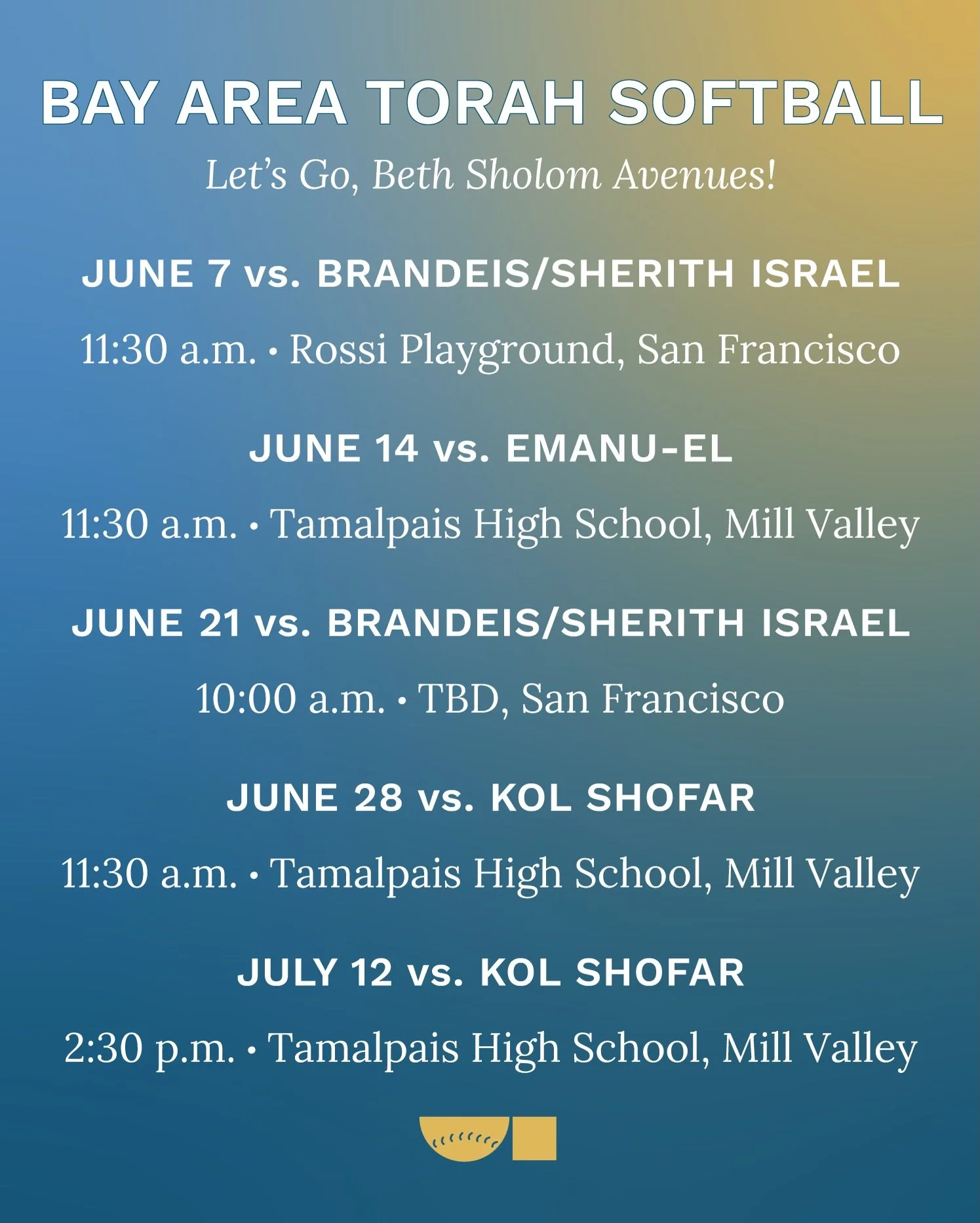 Let&rsquo;s go, Beth Sholom Avenues! 📢 Bay Area Torah Softball Season (BATS) is in full swing, and anyone ages 18 and older is invited to join our non-competitive league. Interested? Email Dan Laser at daniel.laser@gmail.com to join the fun on Sunda