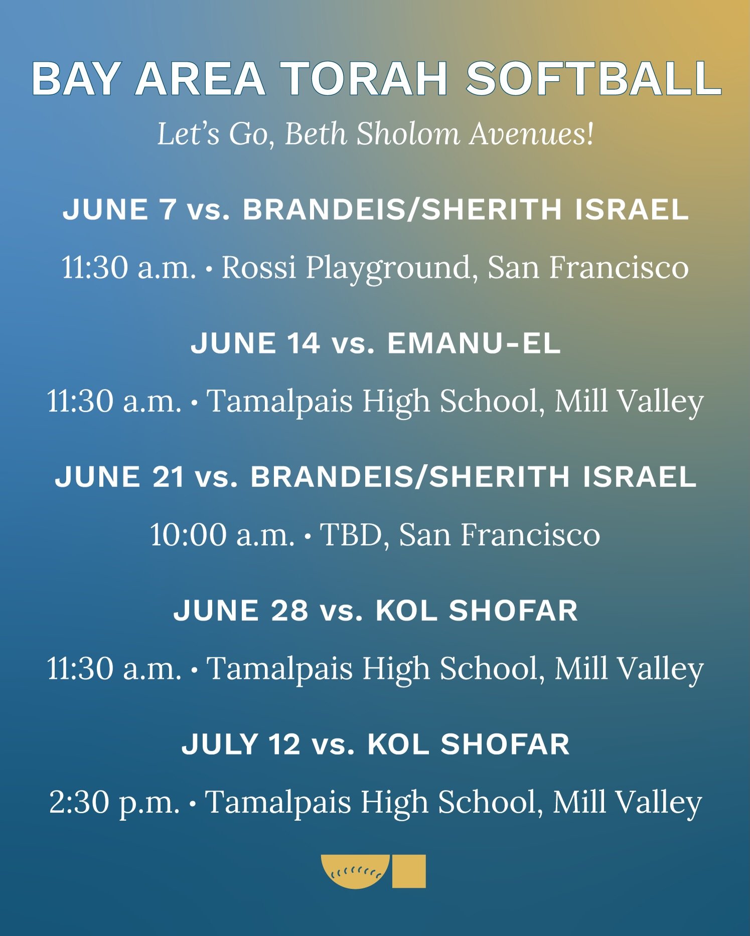 Let&rsquo;s go, Beth Sholom Avenues! 📢 Bay Area Torah Softball Season (BATS) is in full swing, and anyone ages 18 and older is invited to join our non-competitive league. Interested? Email Dan Laser at daniel.laser@gmail.com to join the fun on Sunda