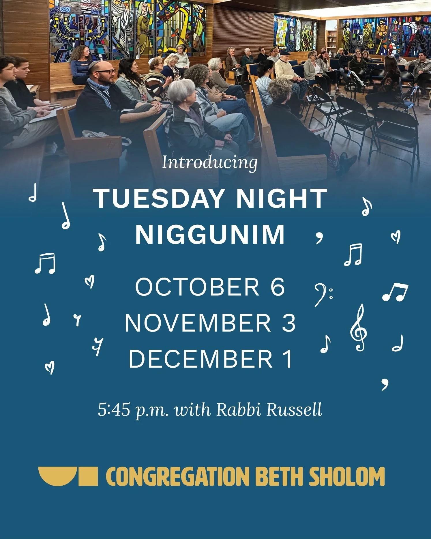 We lifted our voices so high during Elul, we are going to continue our niggunim into 5787! Join Rabbi Russell on the first Tuesday of every month for an hour of singing. 

Do you work out? Meditate? Stretch? Try this &mdash; it's a workout for your s