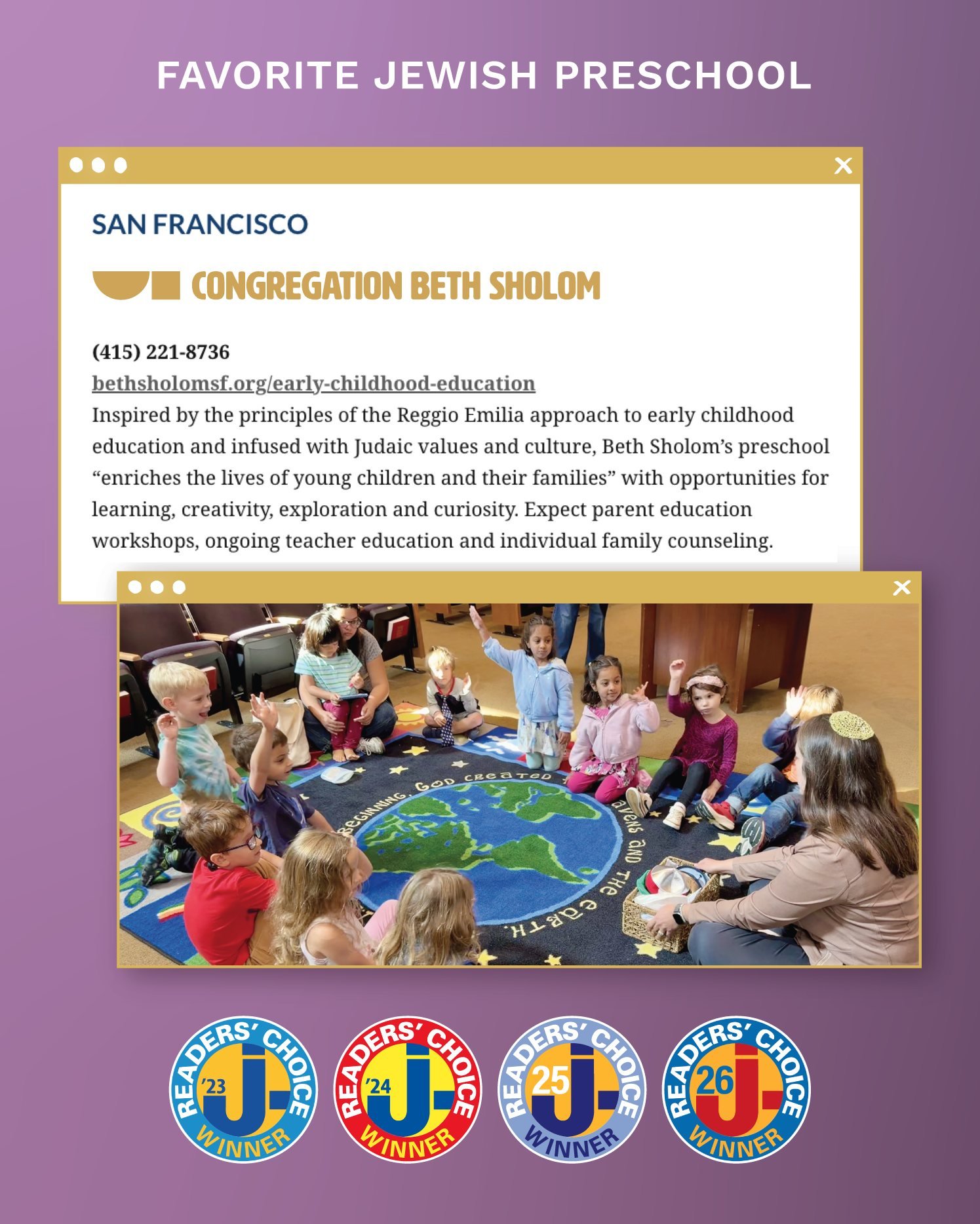 Todah rabah for naming us your @jewishnewsofnorcal Readers&rsquo; Choice in six categories! Visit the link in our bio to learn more about the renovation of the Congregation Beth Sholom Center for Lifelong Jewish Learning, where we&rsquo;ll be taking 