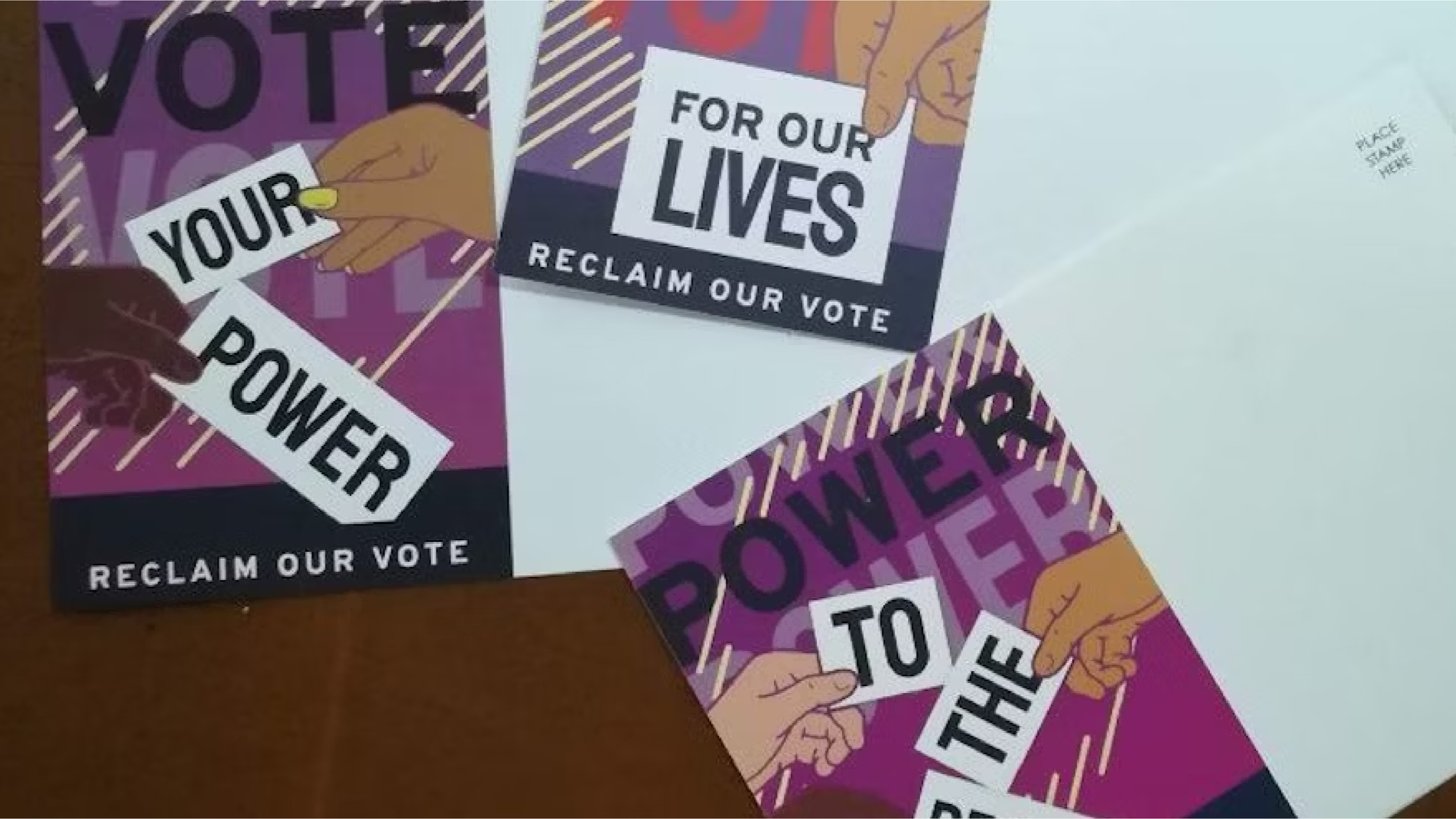 A collection of flyers with messages encouraging voting, including words like "YOUR POWER," "FOR OUR LIVES," and "RECLAIM OUR VOTE," featuring illustrations of hands holding signs.