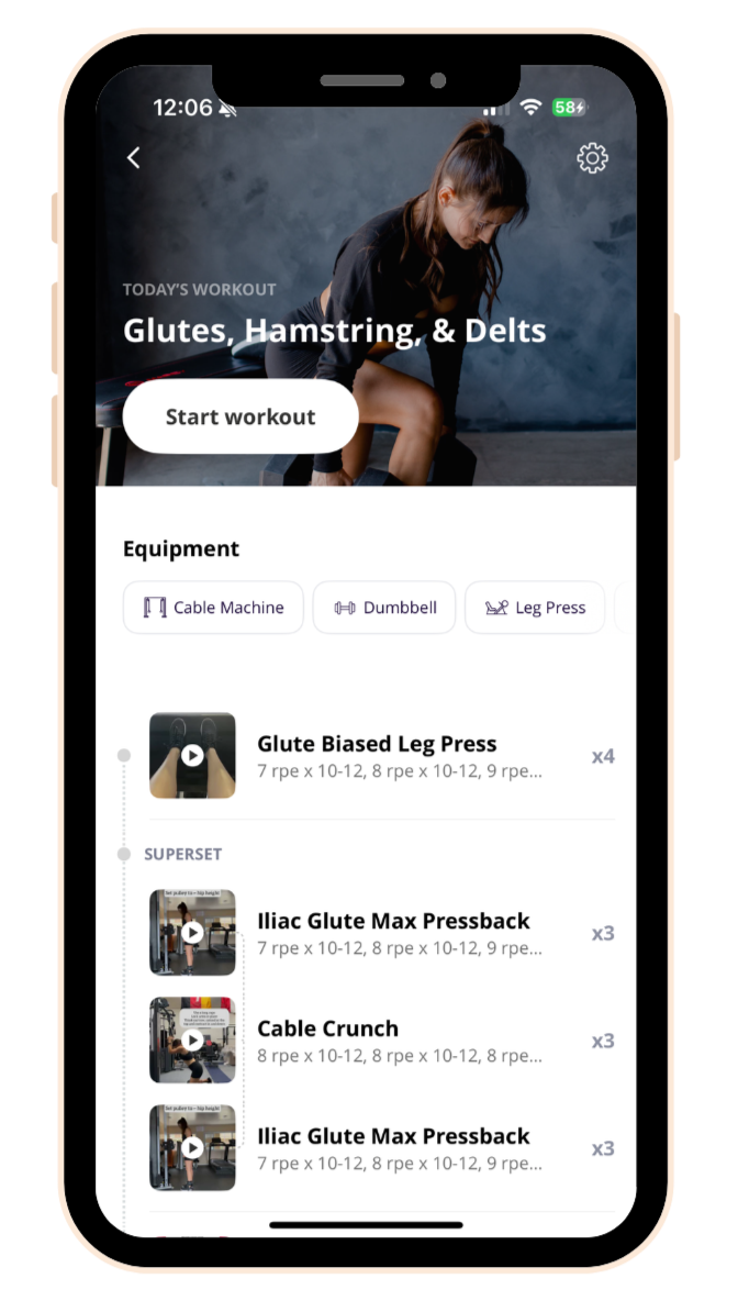 Smartphone screen displaying a workout app focused on glutes, hamstring, and delts exercises with an option to start workout, lists equipment like cable machine, dumbbell, and leg press, and includes a workout plan with various exercises and repetitions.