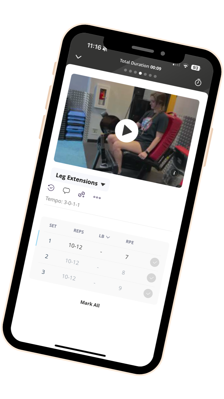 Mobile phone screen displaying a workout app with a video of a person performing leg extensions and a workout plan for three sets.