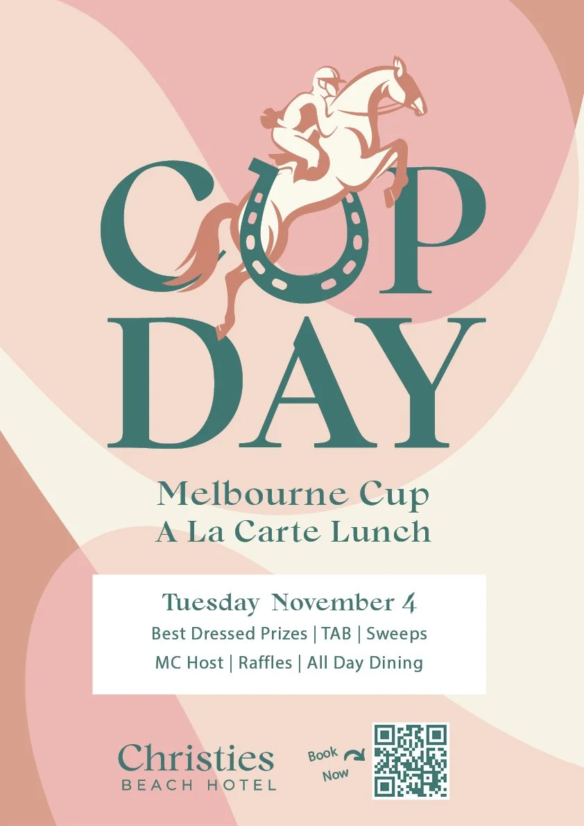 Flyer for a Club Day event at Christies Beach Hotel, featuring a jockey riding a horse, with details about a Melbourne Cup A La Carte Lunch on Tuesday, November 4, including prizes, raffles, and dining information.