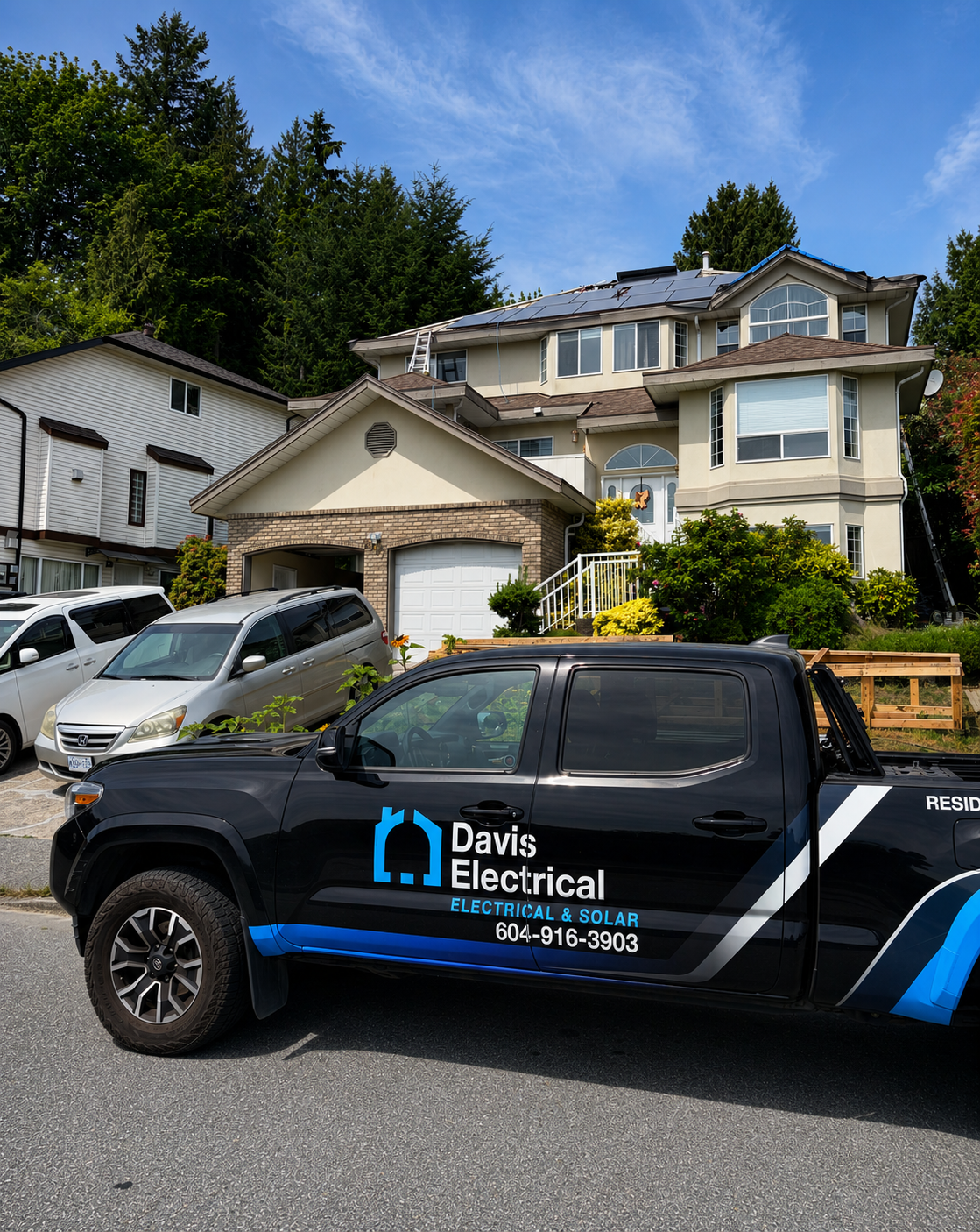 Residential neighborhood with a large house on a hill, a Davis Electrical service truck parked in front, and multiple parked cars.