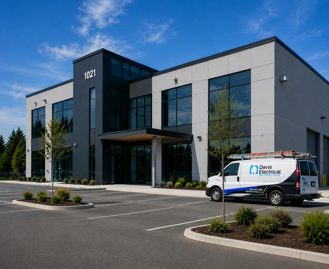 Modern two-story office building with large glass windows, a parking lot with a few small trees and landscaping, and a company van labeled 'Davis Electrical' parked in front.