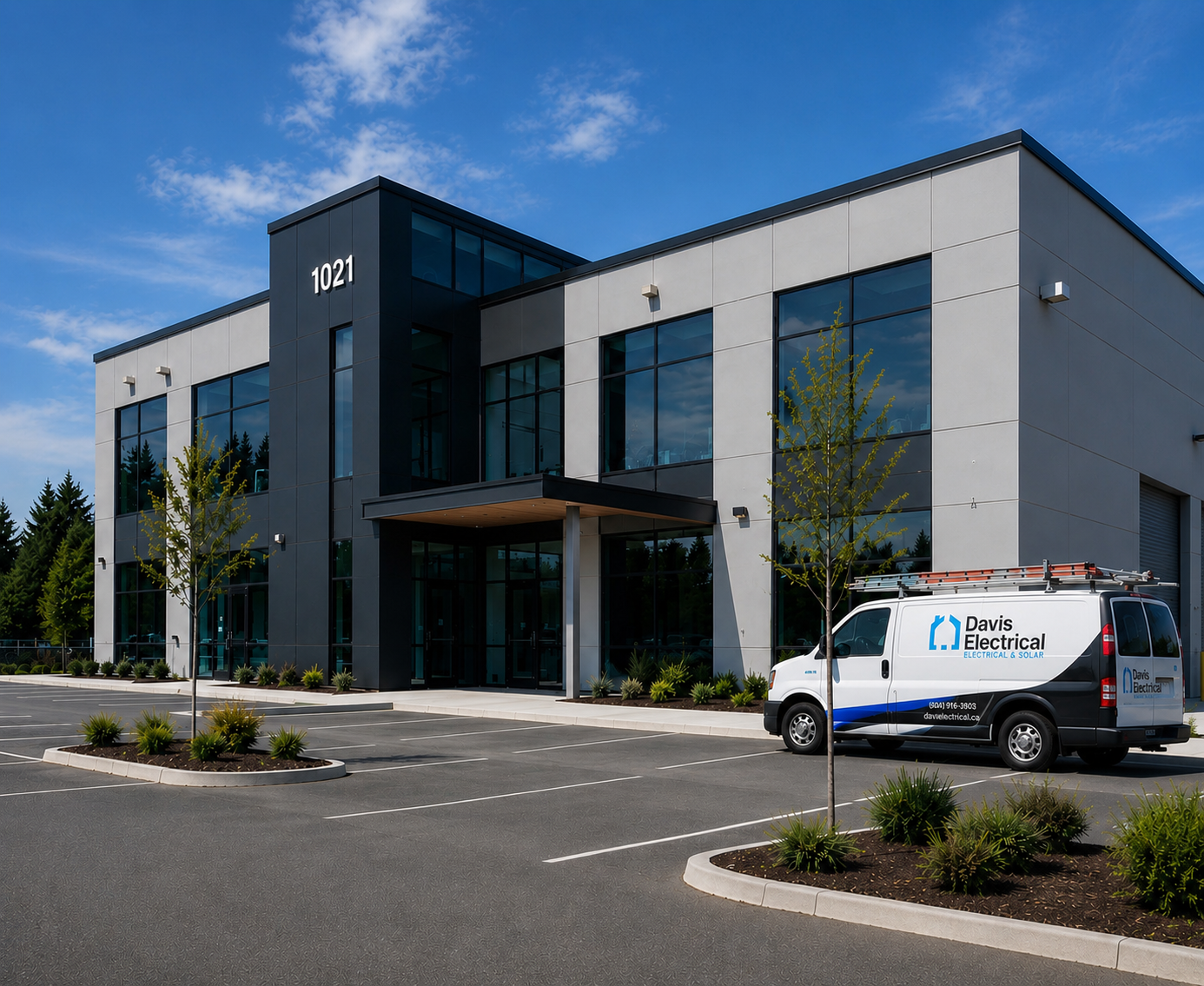 Modern two-story commercial building with parking lot, trees, and Davis Electrical service van in front.