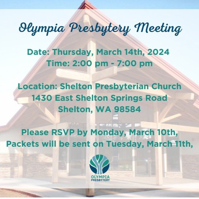 It's time to register for our first Stated Meeting of 2024. Join us at Shelton Presbyterian Church on Thursday March 14th. 

Come early for a workshop, stay for engaging conversation, enjoy a delicious meal, and go home with helpful resources. 

To l