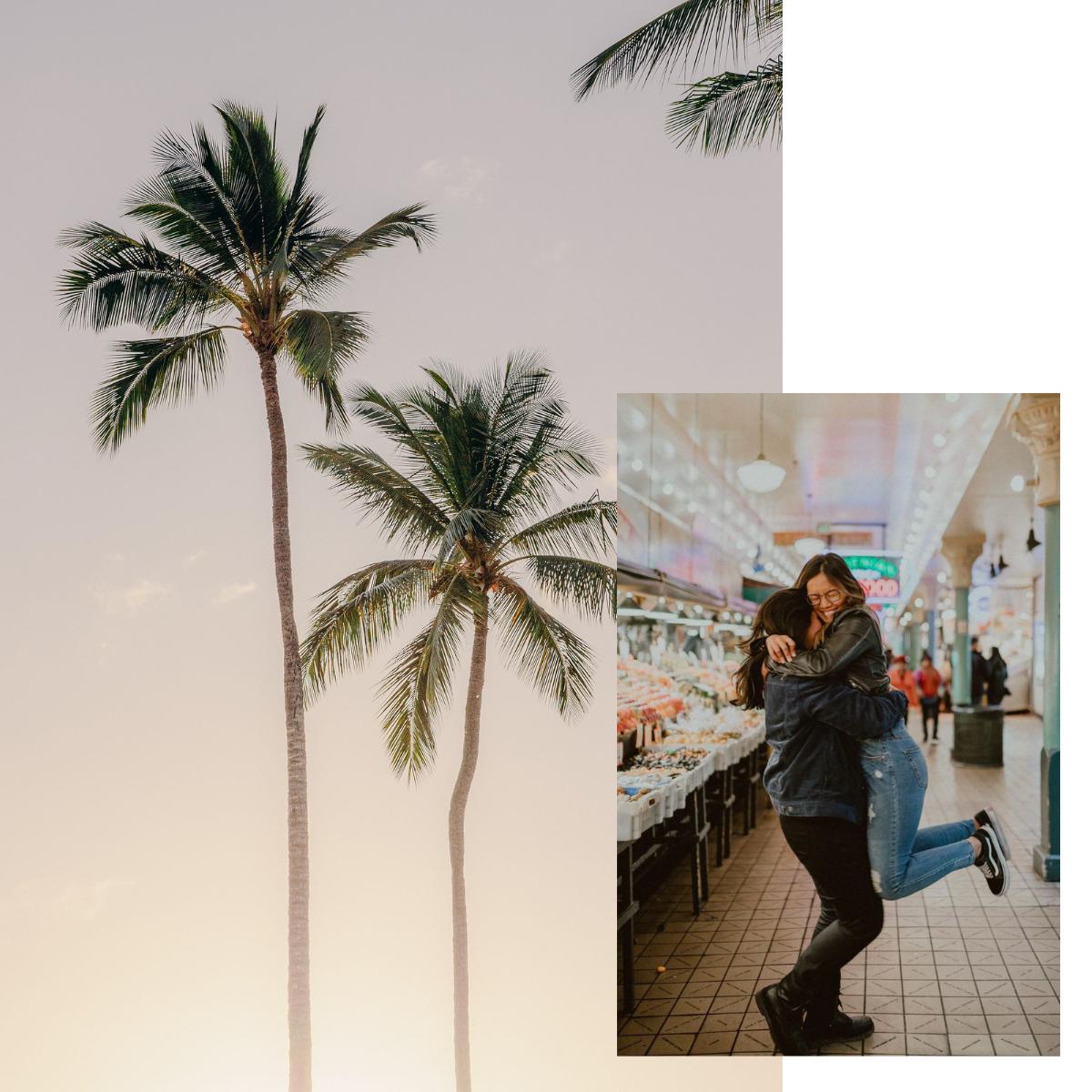 Palm trees against a soft sunset sky alongside two women embracing inside a market.