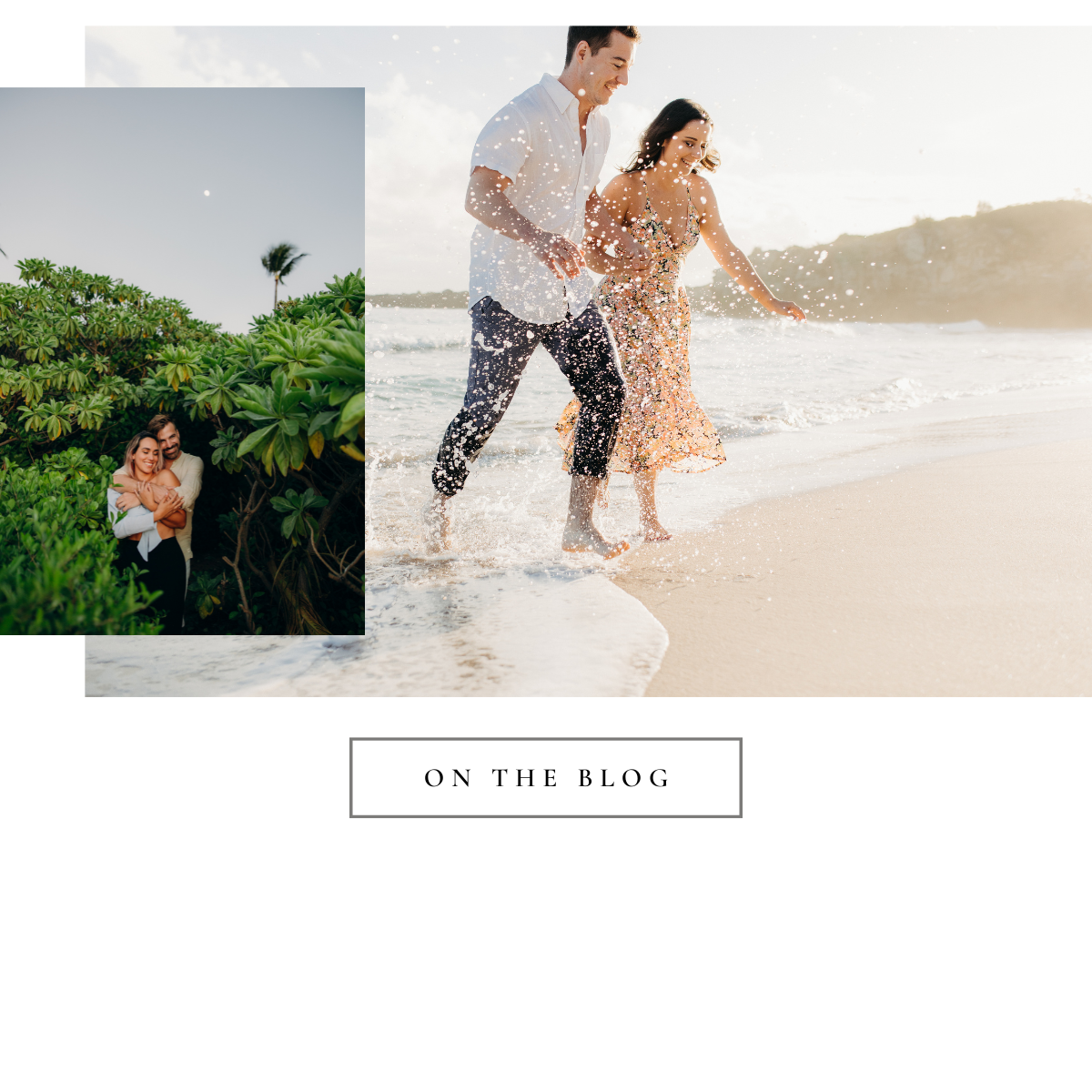 Maui wedding inspiration collage featuring a couple walking through ocean waves and embracing among lush tropical foliage