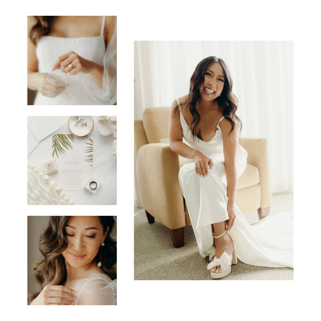 Maui wedding photography featuring a bride in a white dress, bridal details, and getting-ready portraits