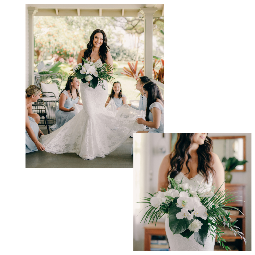 Bride in a lace wedding gown holds a white tropical bouquet while bridesmaids gather around her at a Maui wedding.