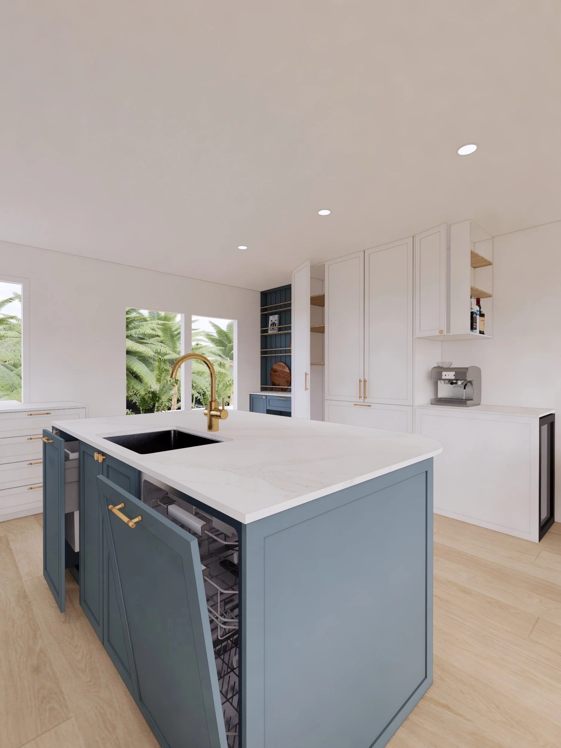 Modern kitchen with white walls, light wood floors, blue kitchen island with gold handles and faucet, white countertops, and a built-in wine cooler. Large windows with greenery outside.