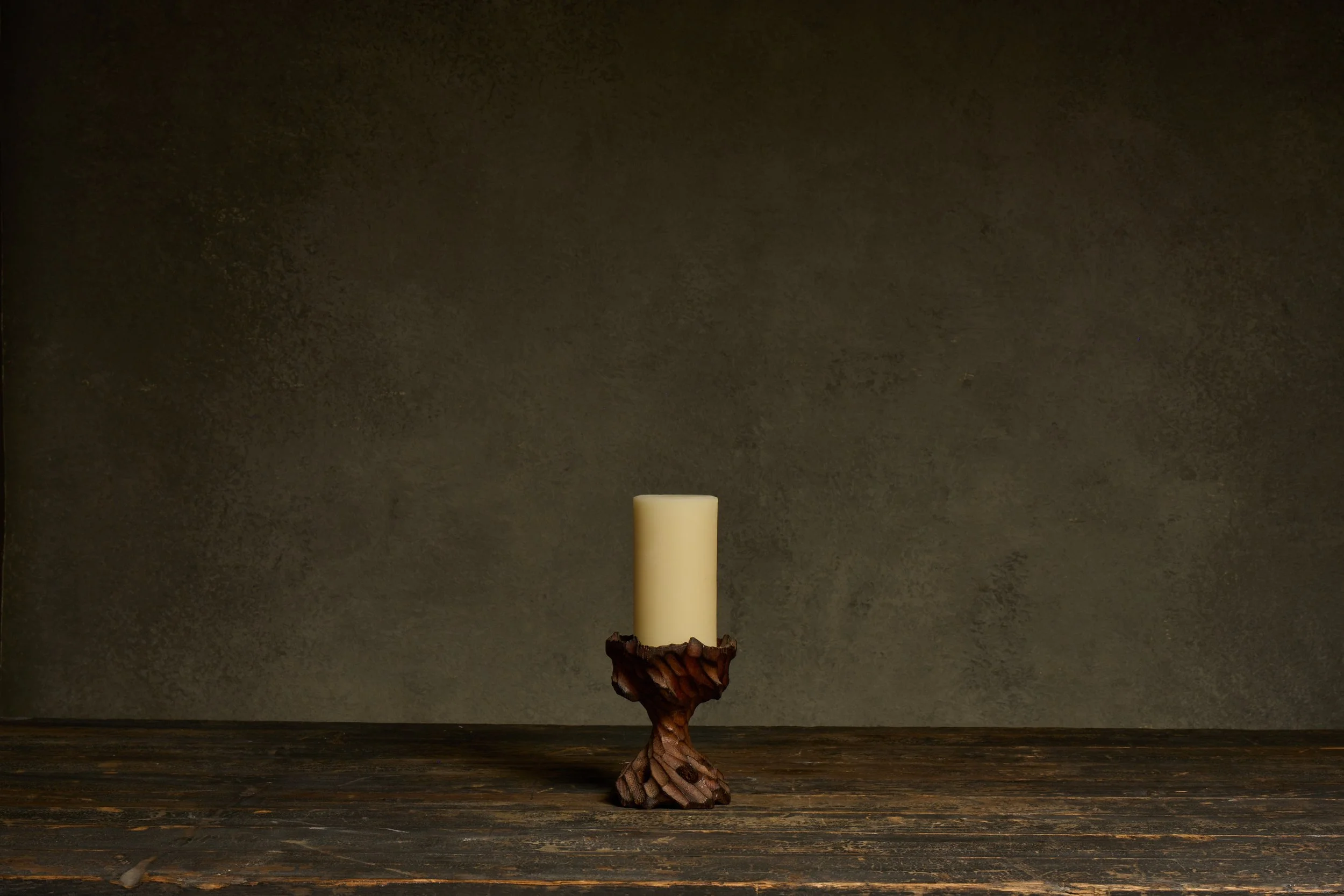 HAND CARVED WOOD CANDLE HOLDER 1970s