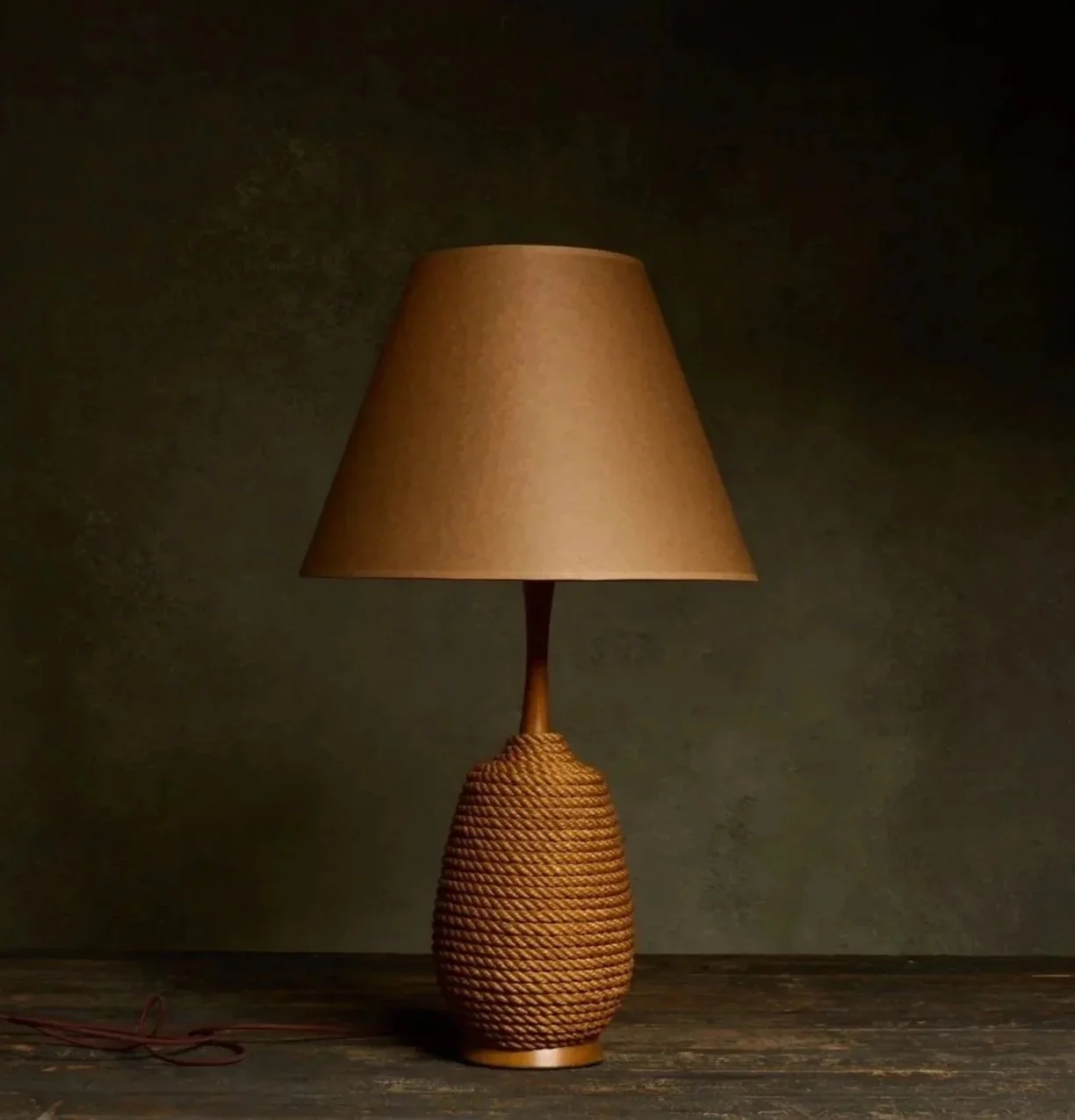 Mid-Century Rope and Wood Table Lamp