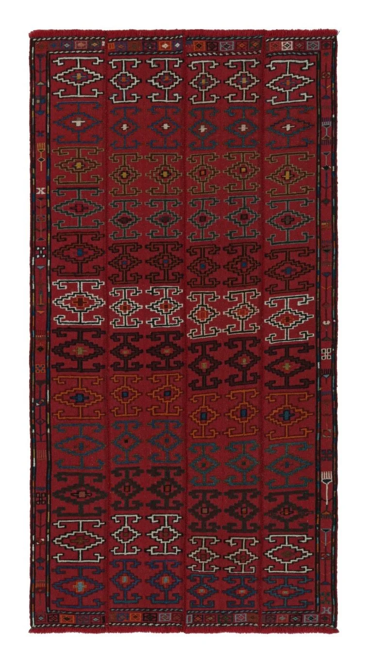 Vintage Mid-Century Geometric Red Wool Verneh Persian Kilim Runner