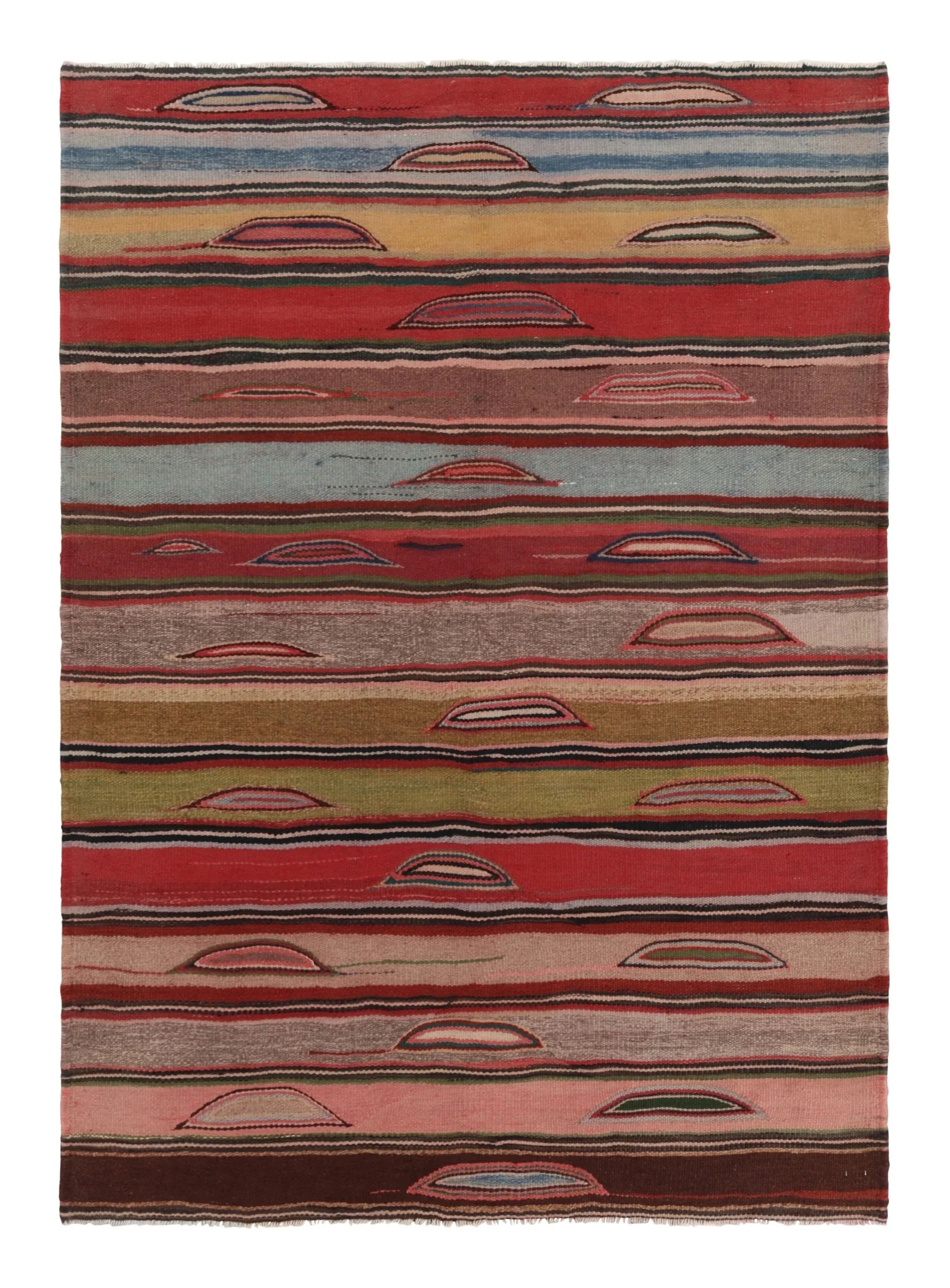 Vintage Heriz Persian Kilim in Pink and Colorful Geometric Stripes