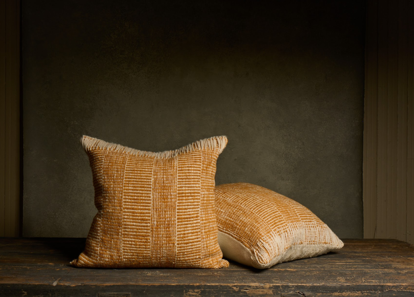 Makun Striped Pillow — Gold Moss/White with Whip-Stitch Edge