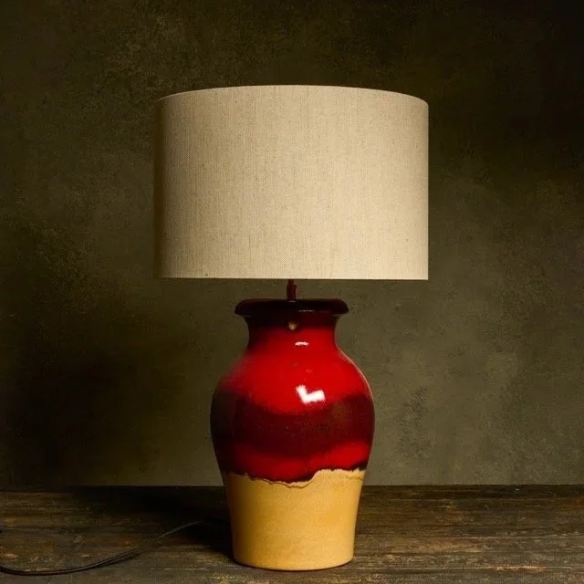 Red and Tan Glazed Ceramic Table Lamp