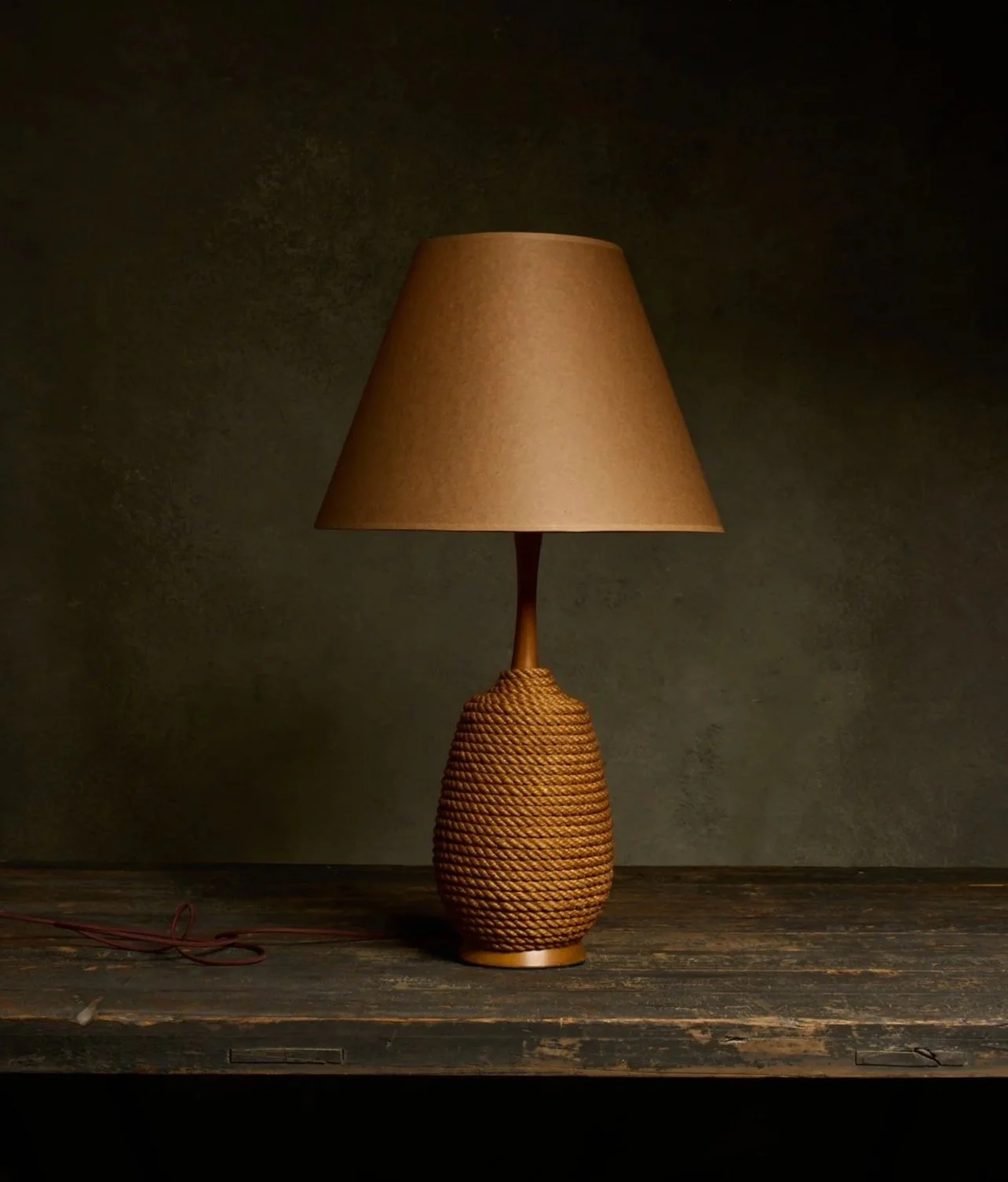 Mid-Century Rope and Wood Table Lamp