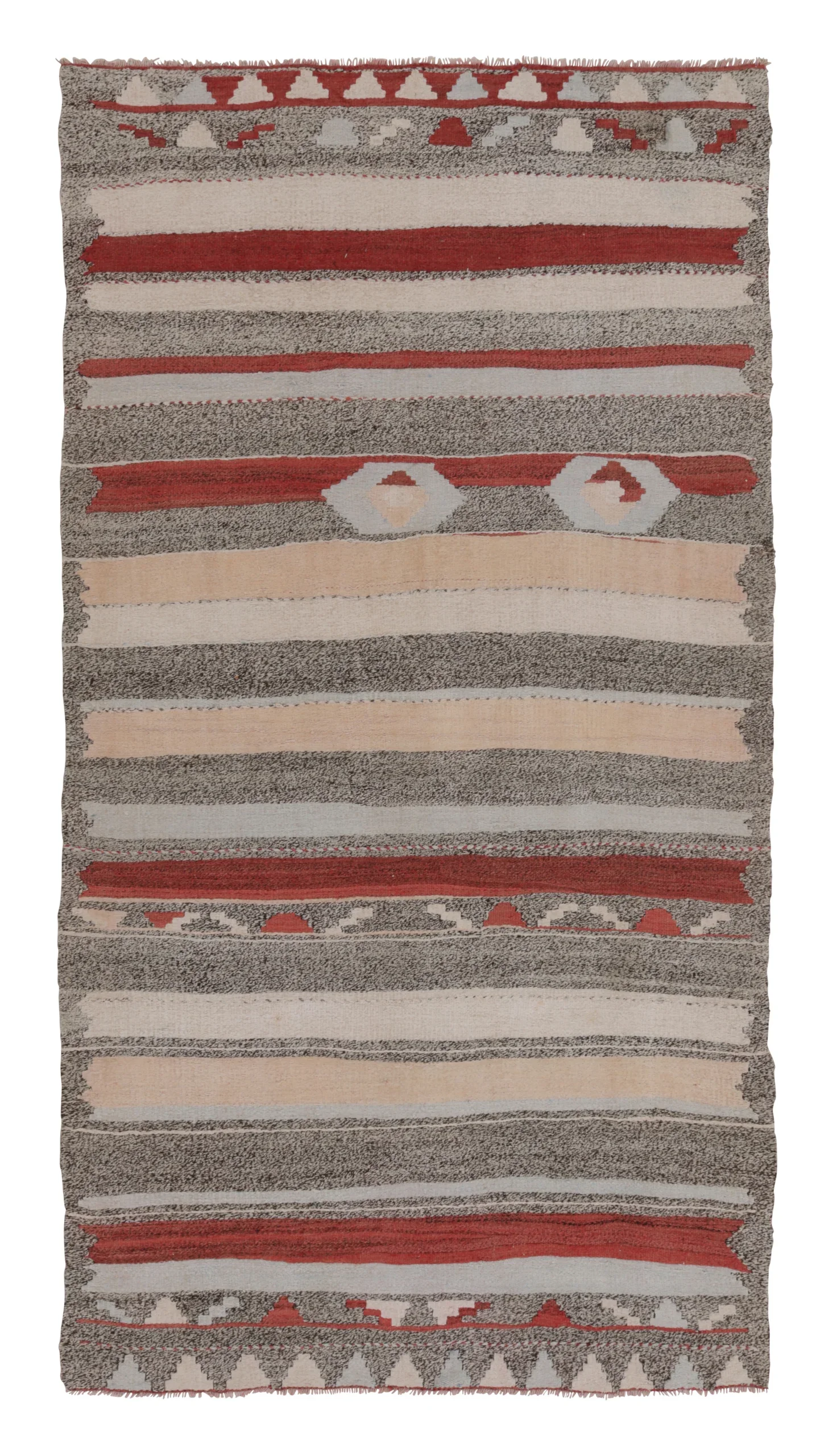 Vintage Persian Kilim in Red & Gray Stripes with Geometric Motifs