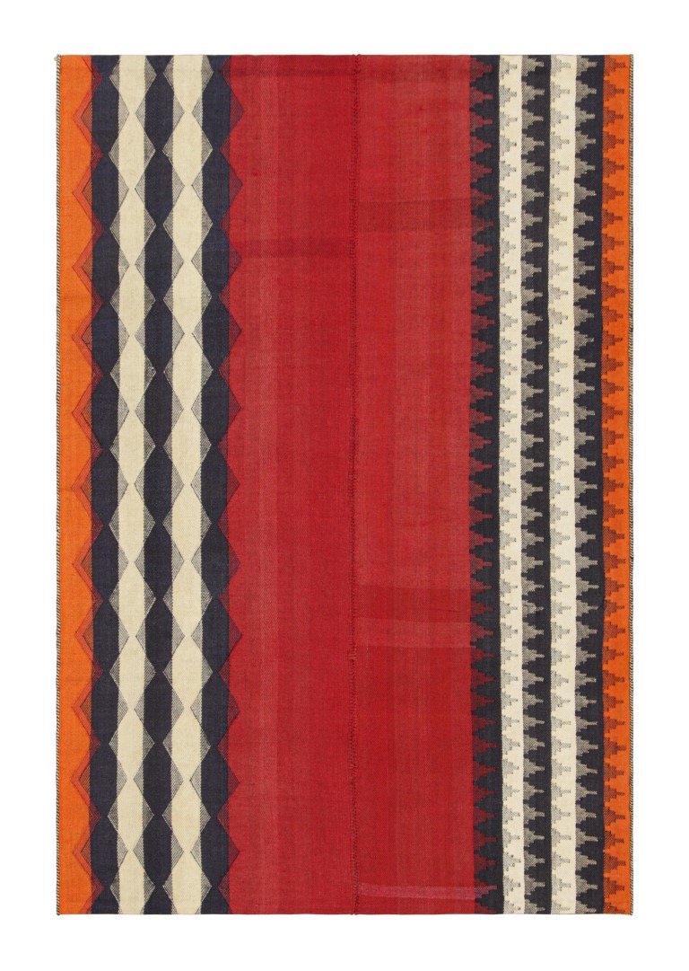 Vintage Jajim Qashqai Persian Kilim in Red, Blue, and Ivory Tones