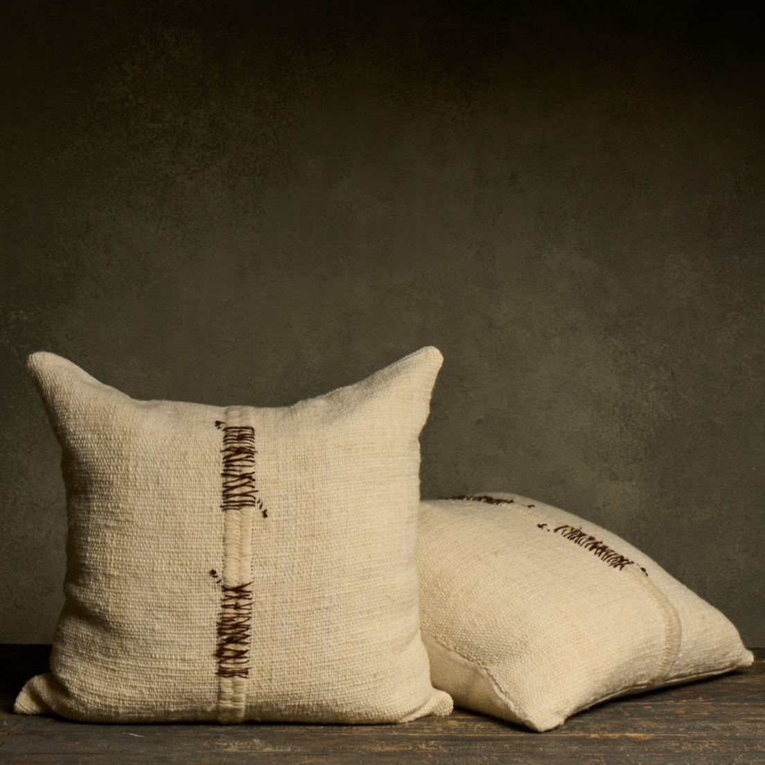Handmade Stitched Pillow - White/Brown