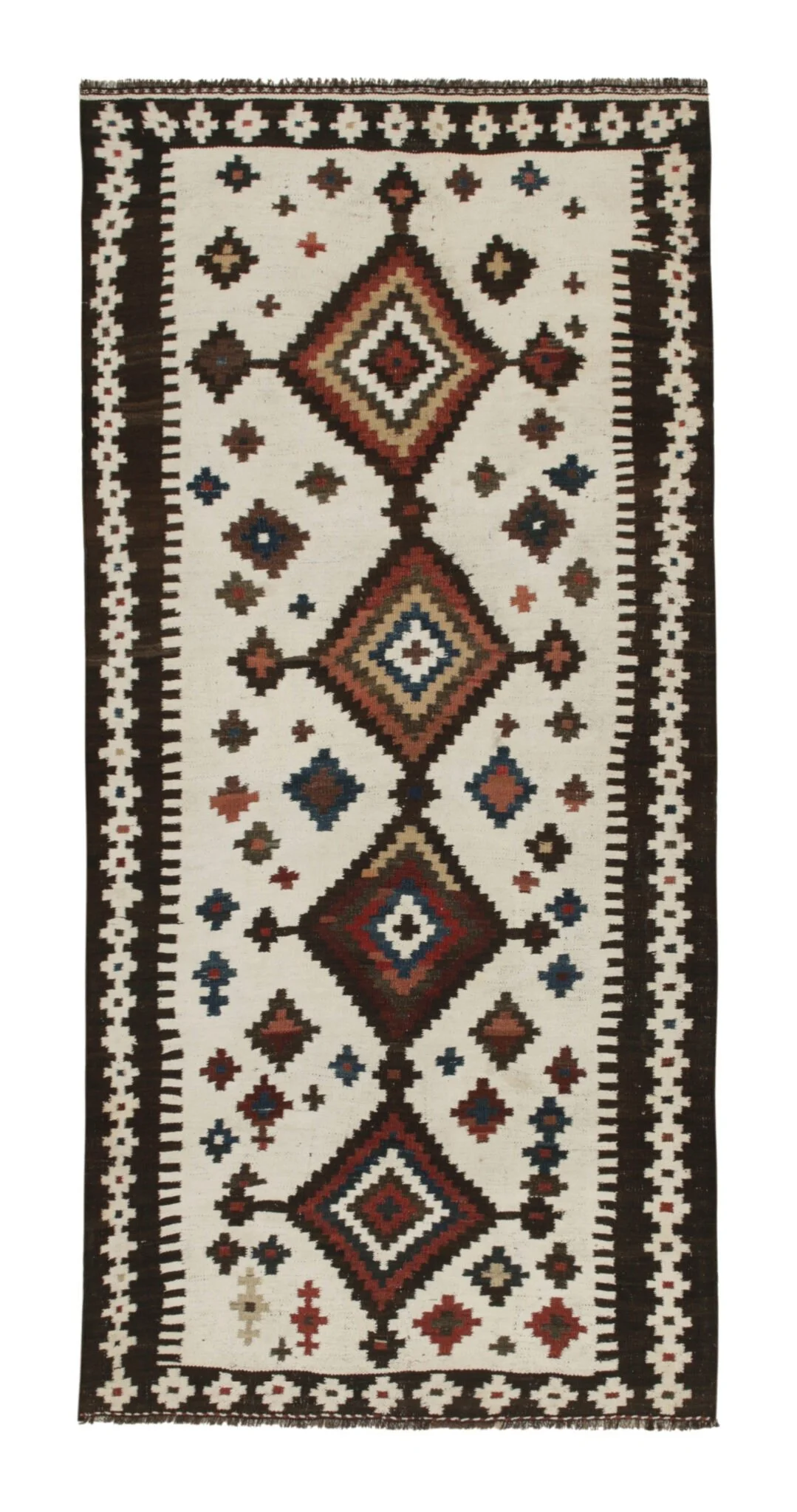 Vintage Persian Kilim in White with Brown Medallion Patterns