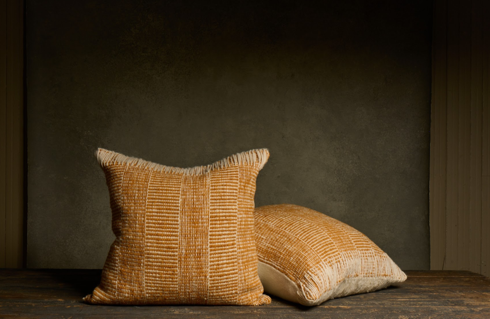 Makun Striped Pillow — Gold Moss/White with Whip-Stitch Edge