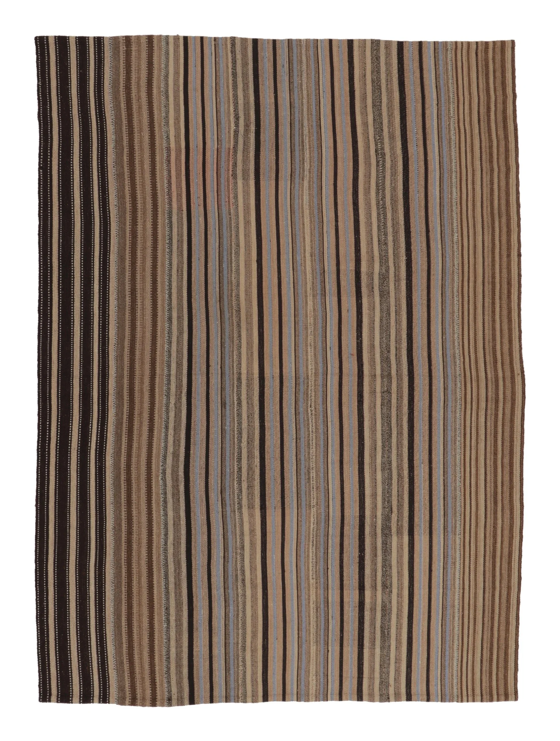 Vintage Persian Kilim, Beige-Brown Stripes and Light Blue Accents