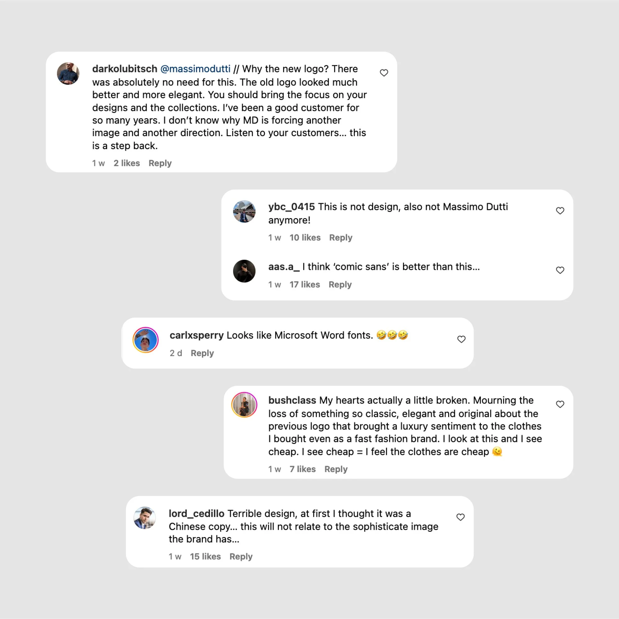Screenshots of Massimo Dutti logo feedback on Instagram